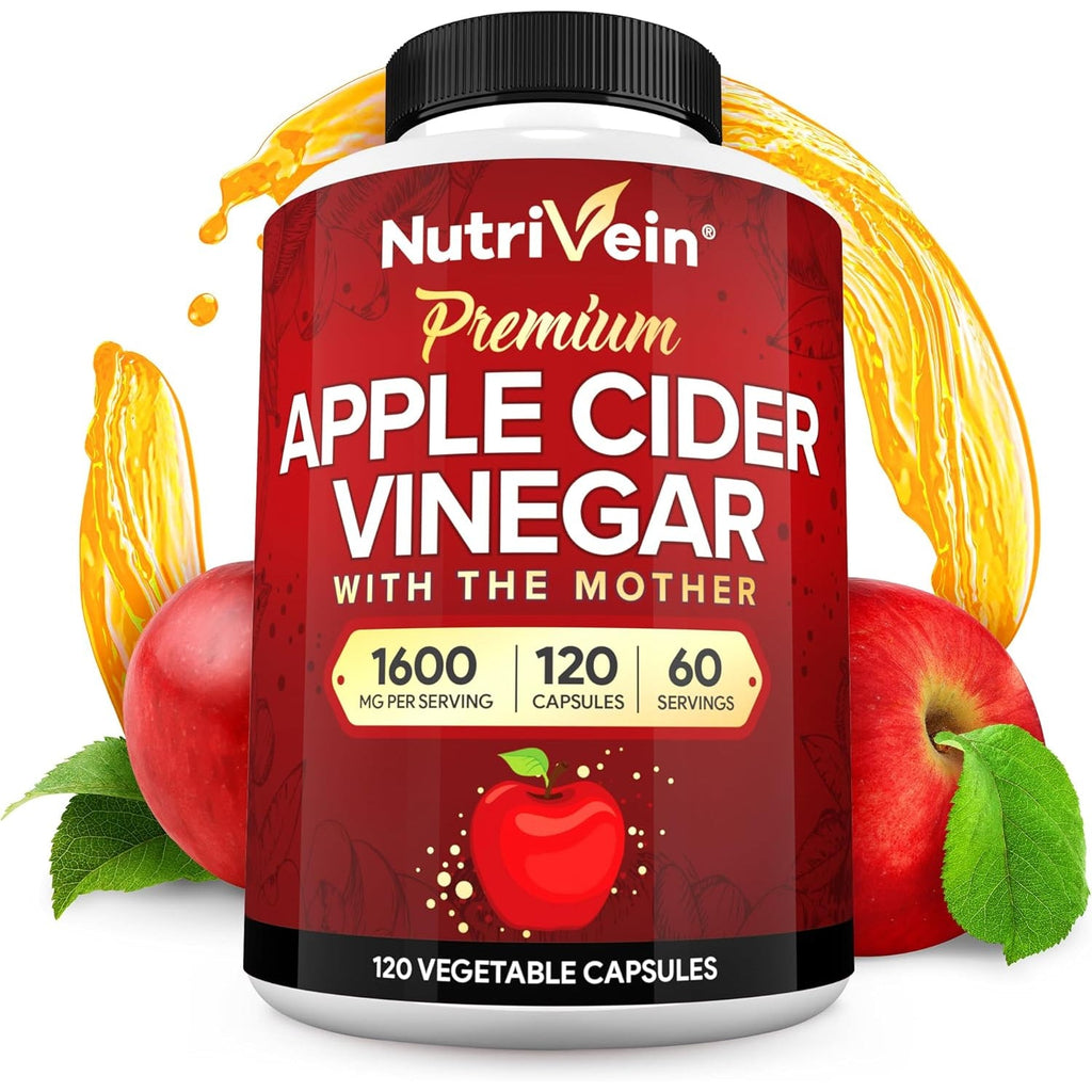Nutrivein Premium Apple Cider Vinegar Supplements with Mother - 1600 Mg - 120 Apple Cider Vinegar Capsules: ACV Pills for Digestion, Keto, Cleansing, and Balanced Nutrition