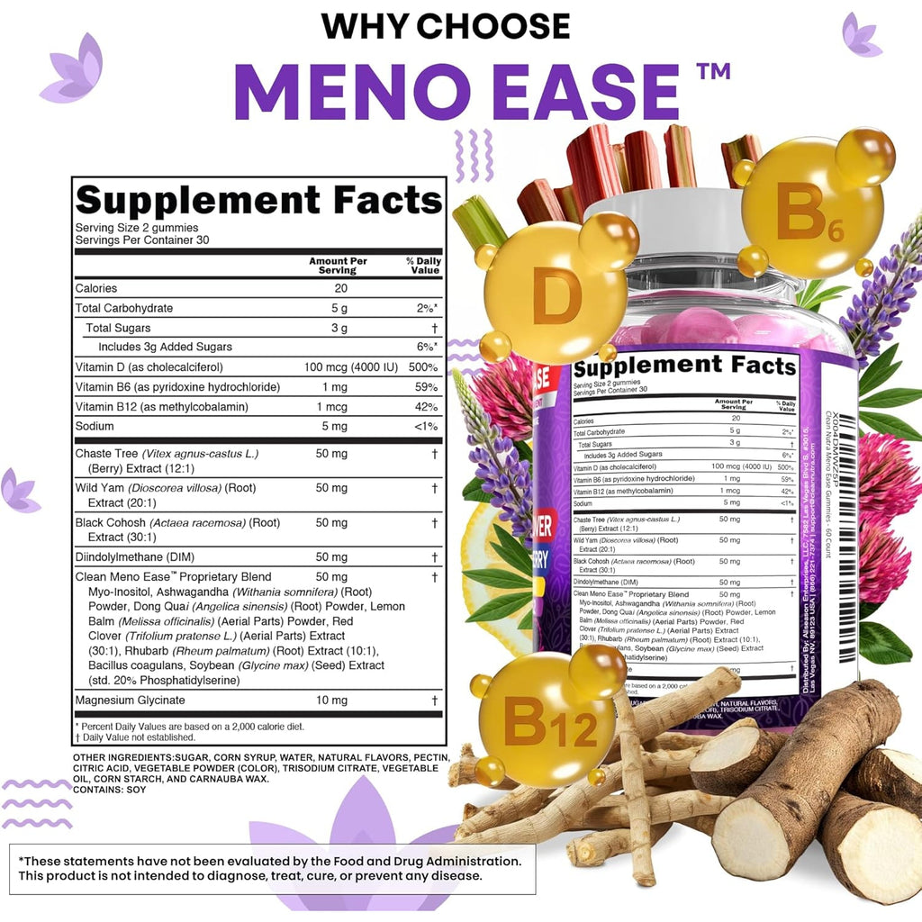 Menopause Supplement for Women Gummies with Black Cohosh, Wild Yam, DIM, Magnesium, Red Clover Chasteberry for Hormone Balance Relief Night Sweats Mood plus Bergamot, Vitamin D3, Vitamin B6 B12