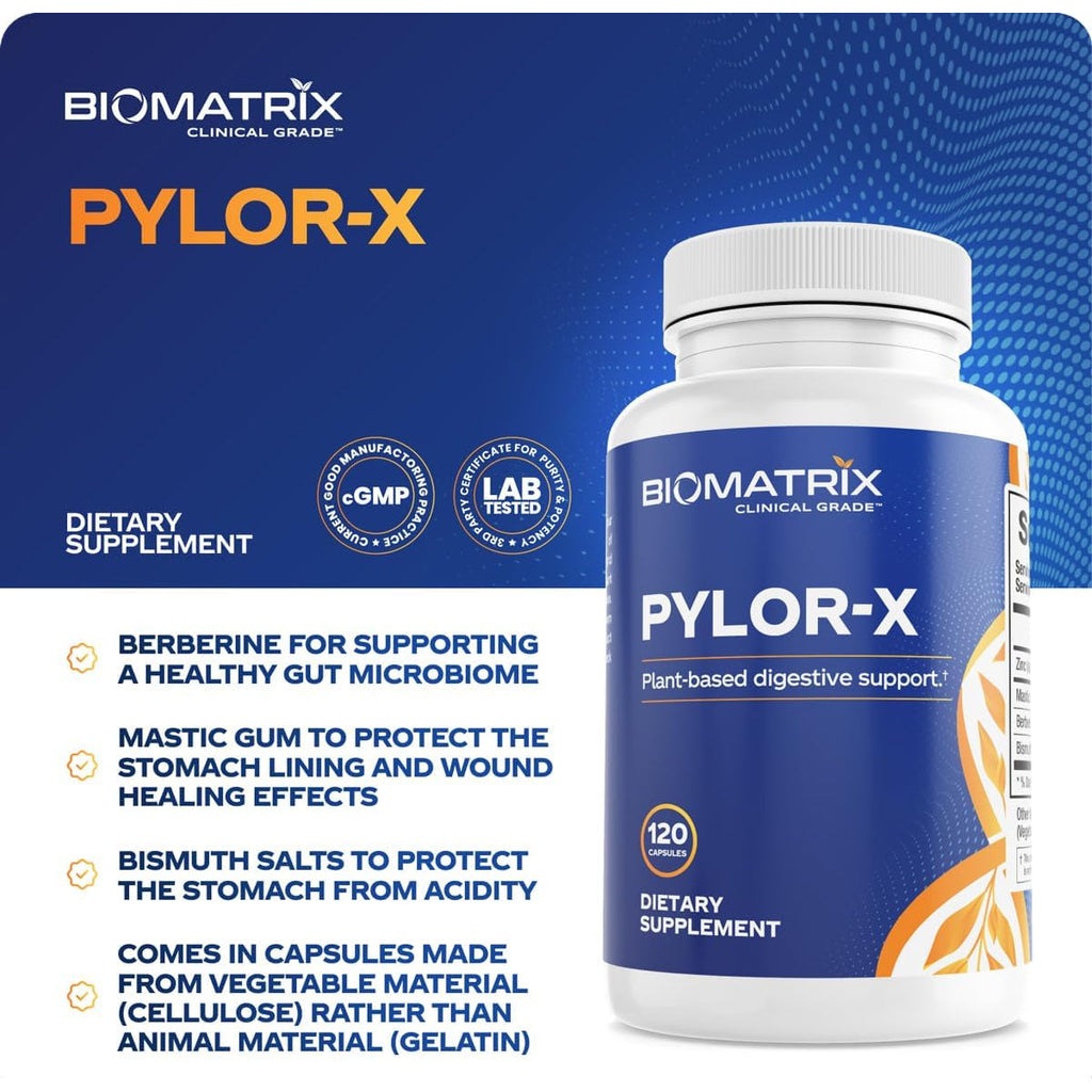 Biomatrix Pylor-X Gut Health Supplement – Mastic Gum, Berberine, Zinc Carnosine & Bismuth Salts for Gastric Support, Digestive Comfort, Stomach Lining Protection - (120 Capsules) 30-60 Day Supply