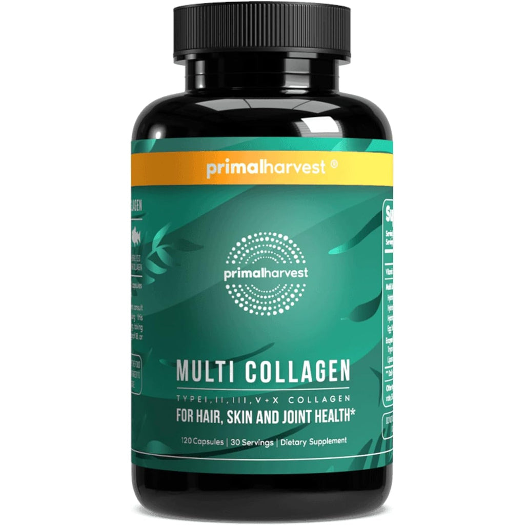 Primal Harvest Multi Collagen Pills for Women and Men (Type I, II, III, V, X) 120 Capsules W/Vitamin C for Hair, Skin, Nails
