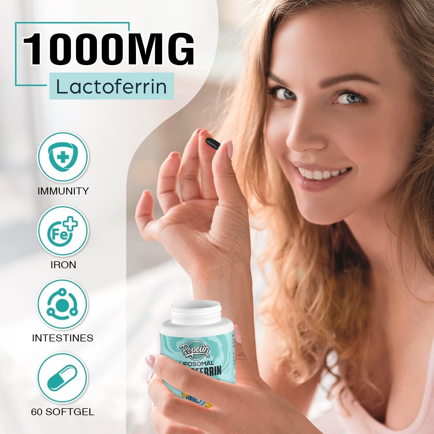 Liposomal Bovine Lactoferrin 1000 Mg - Higher Absorption - for Iron Absorption & Immune Function Lactoferrin Supplements for Adults, 60 Softgels