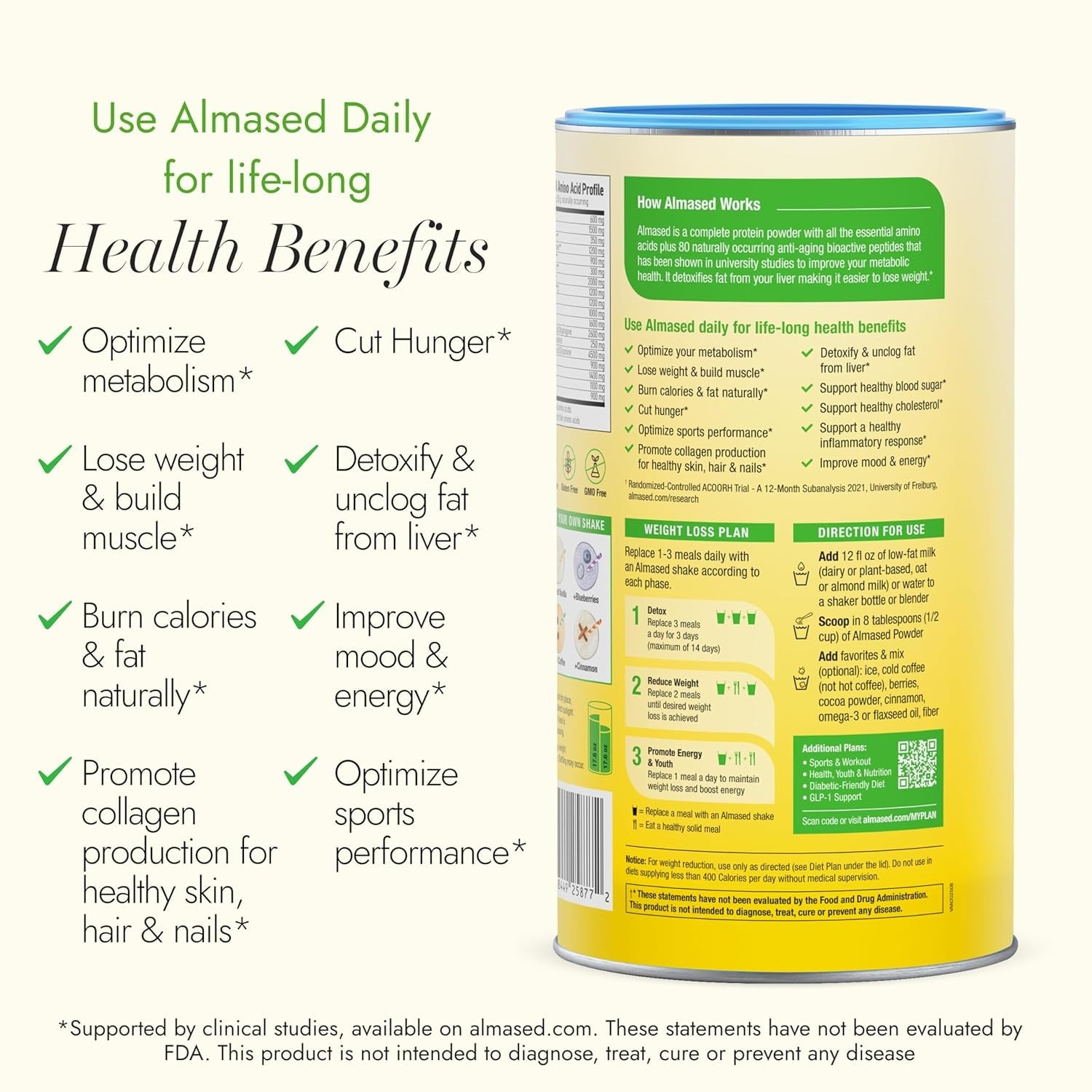 Almased Meal Replacement Shakes for Weight Loss - Protein Powder - Starter Kit (Almond Vanilla Flavor, 2 Cans of 17.6 Oz + Shaker Bottle + Scoop)