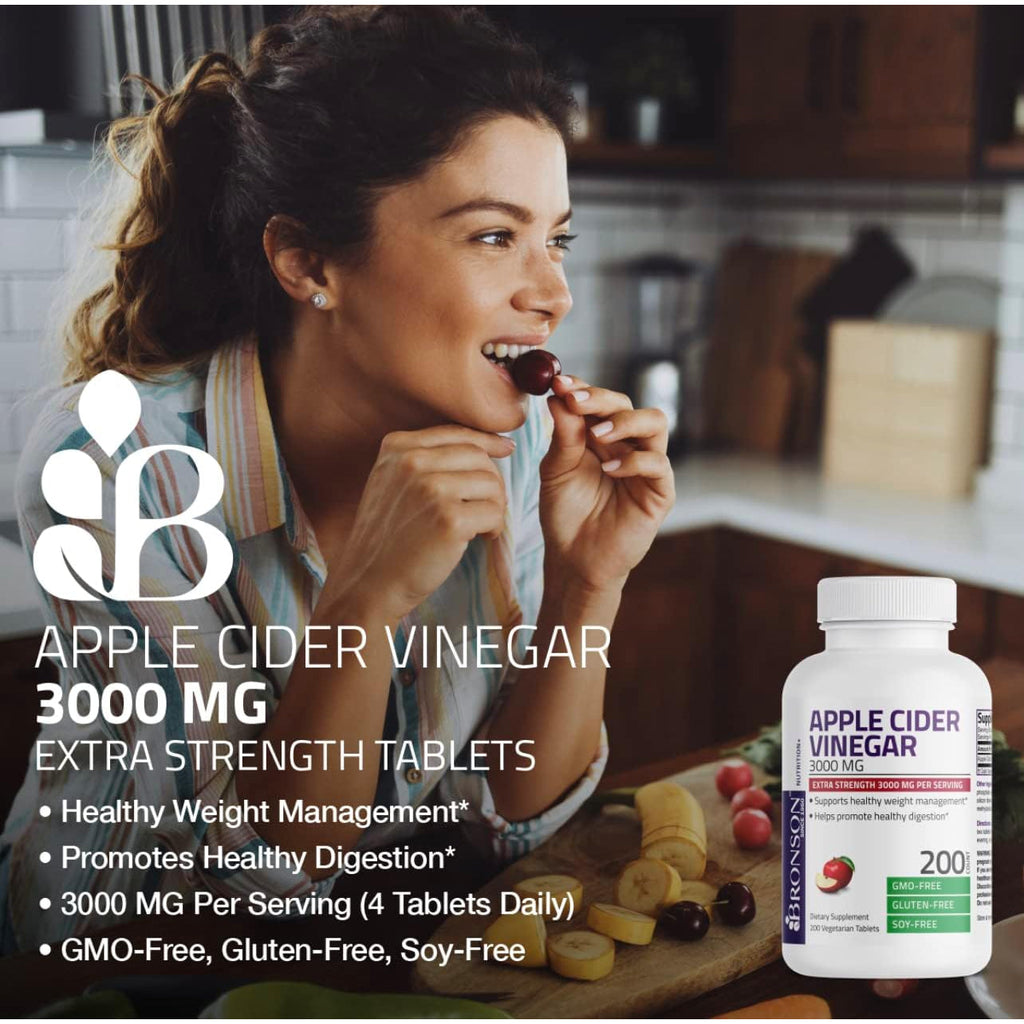 Bronson Apple Cider Vinegar 3000 MG per Serving Extra Strength - Non-Gmo, 200 Vegetarian Tablets