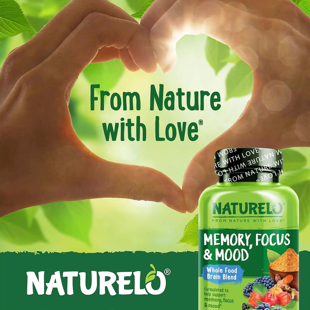 NATURELO Whole Food Brain Supplement - Brain Health Supplements for Memory & Focus Support - Enhance Brain Health Blend Supplement for Adults - 60 Vegetarian Capsules