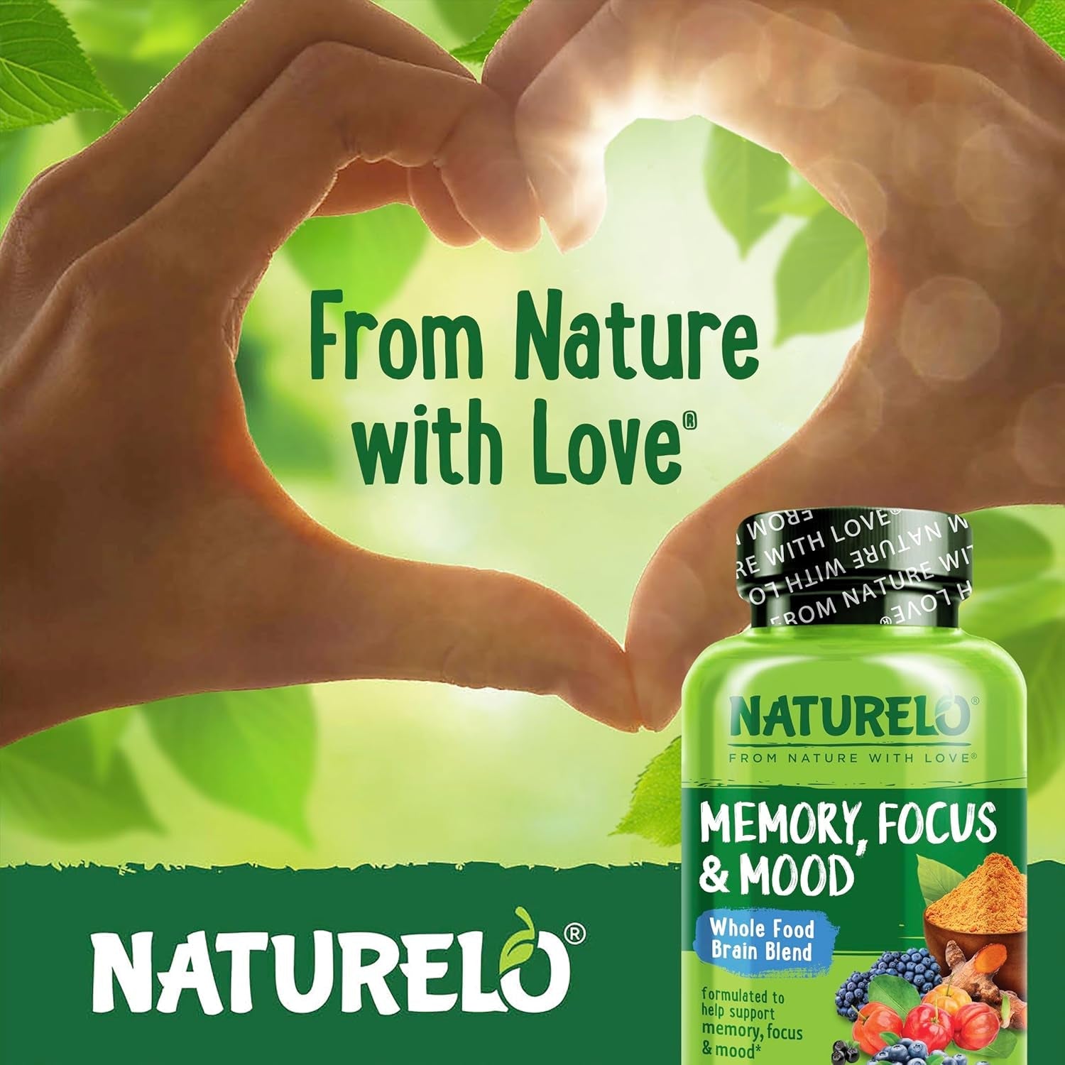 NATURELO Whole Food Brain Supplement - Brain Health Supplements for Memory & Focus Support - Enhance Brain Health Blend Supplement for Adults - 60 Vegetarian Capsules