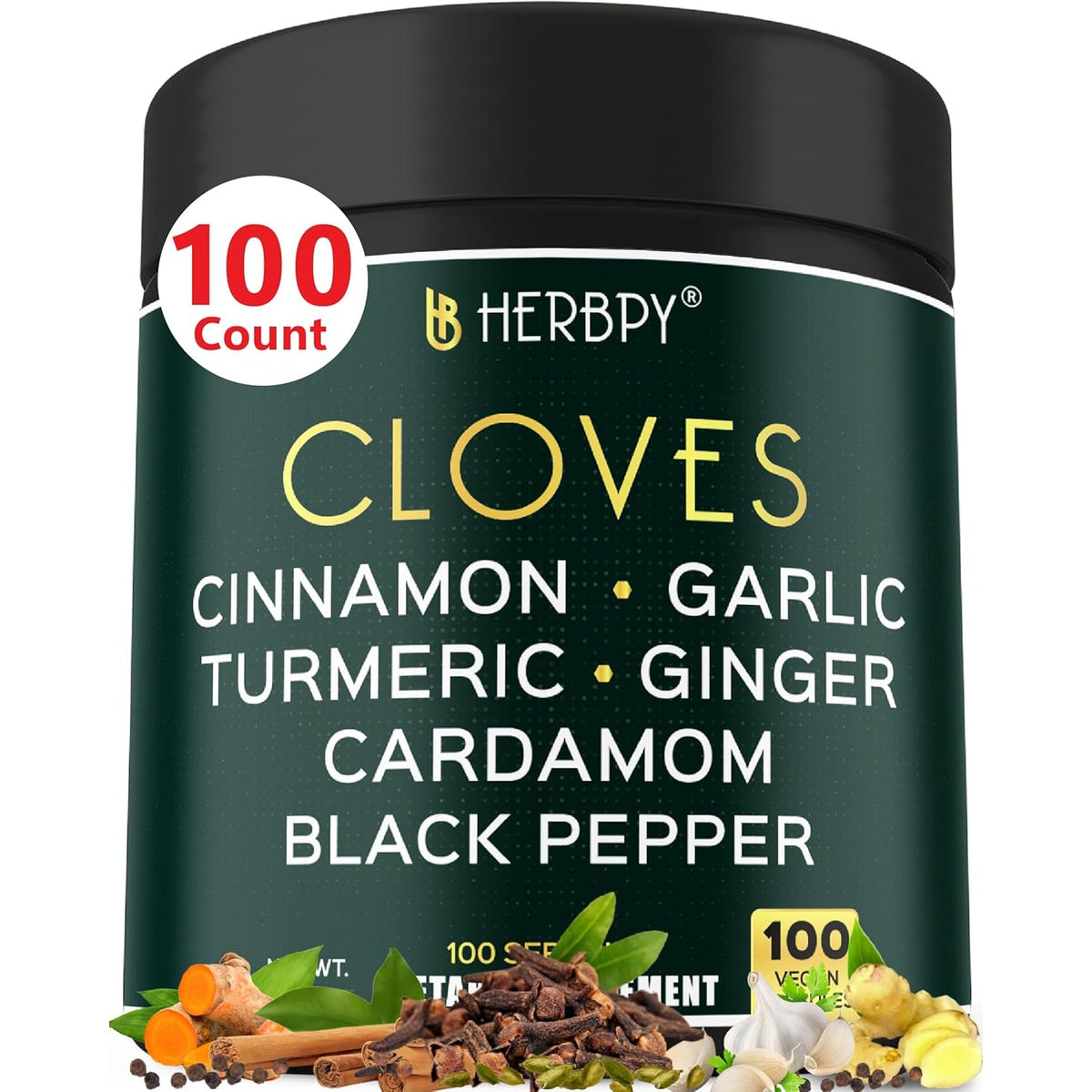 Herbpy 7In1 Clove Supplement 500Mg Rich in Vitamins & Minerals Supports Digestion, Immune & Heart Health with Cinnamon, Turmeric, Ginger, Cardamom, Garlic & Black Pepper - 100 Vegan Capsules