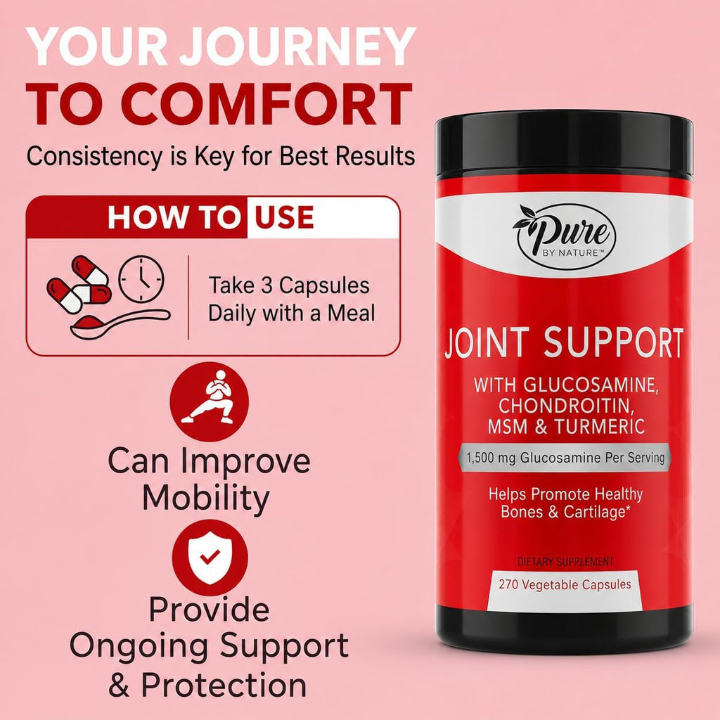 Pure by Nature Glucosamine Chondroitin MSM Turmeric Boswellia (90 Day Supply) - Joint Support Supplement for Women & Men, Nutritional Support for Joint Strength, Gluten Free, Non GMO - 270 Capsules