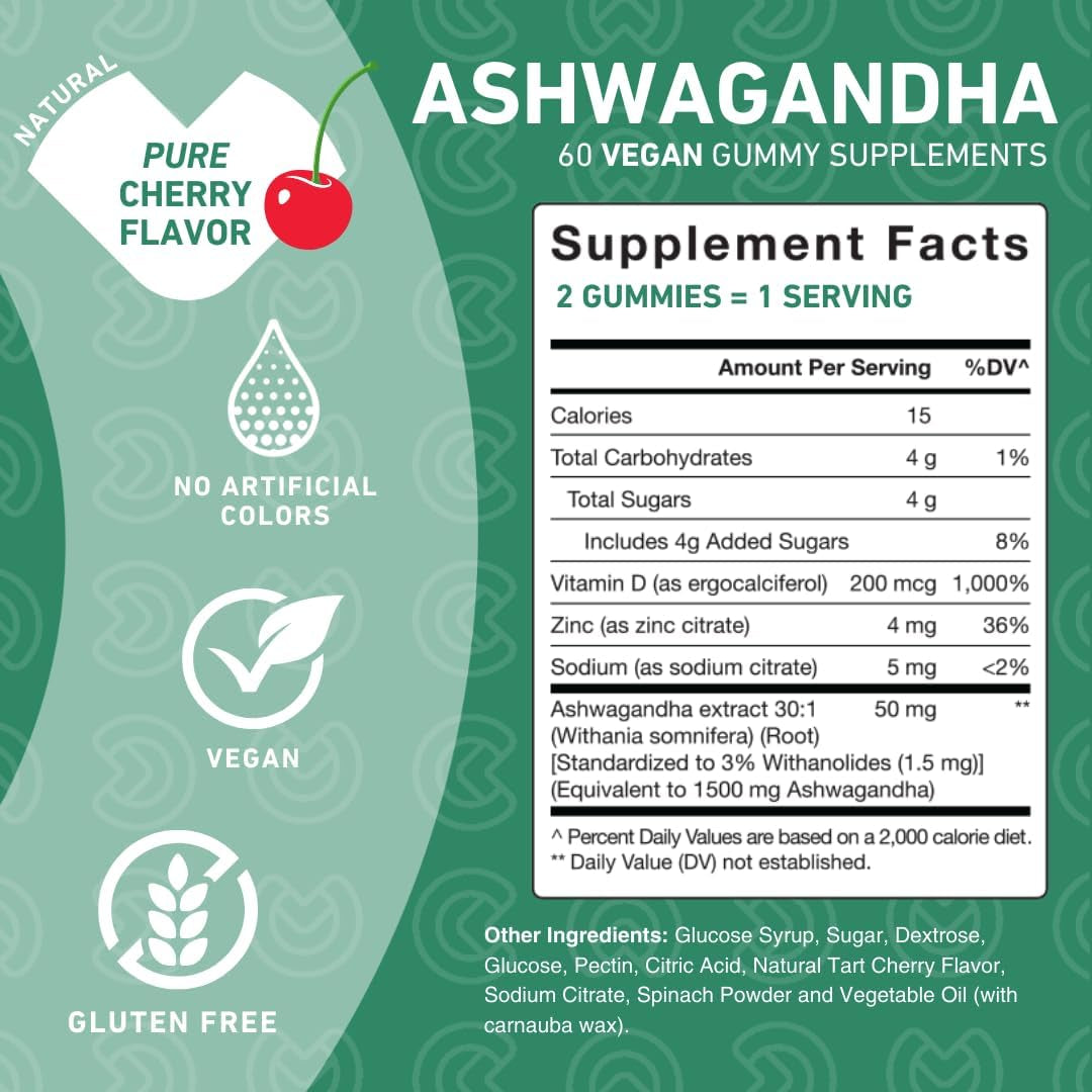 PUREFINITY Ashwagandha Gummies with Vitamin D & Zinc – Supplement for Relaxation, Calming, and Mood Support – Gluten Free, Non-Gmo, Vegan, 60 Count