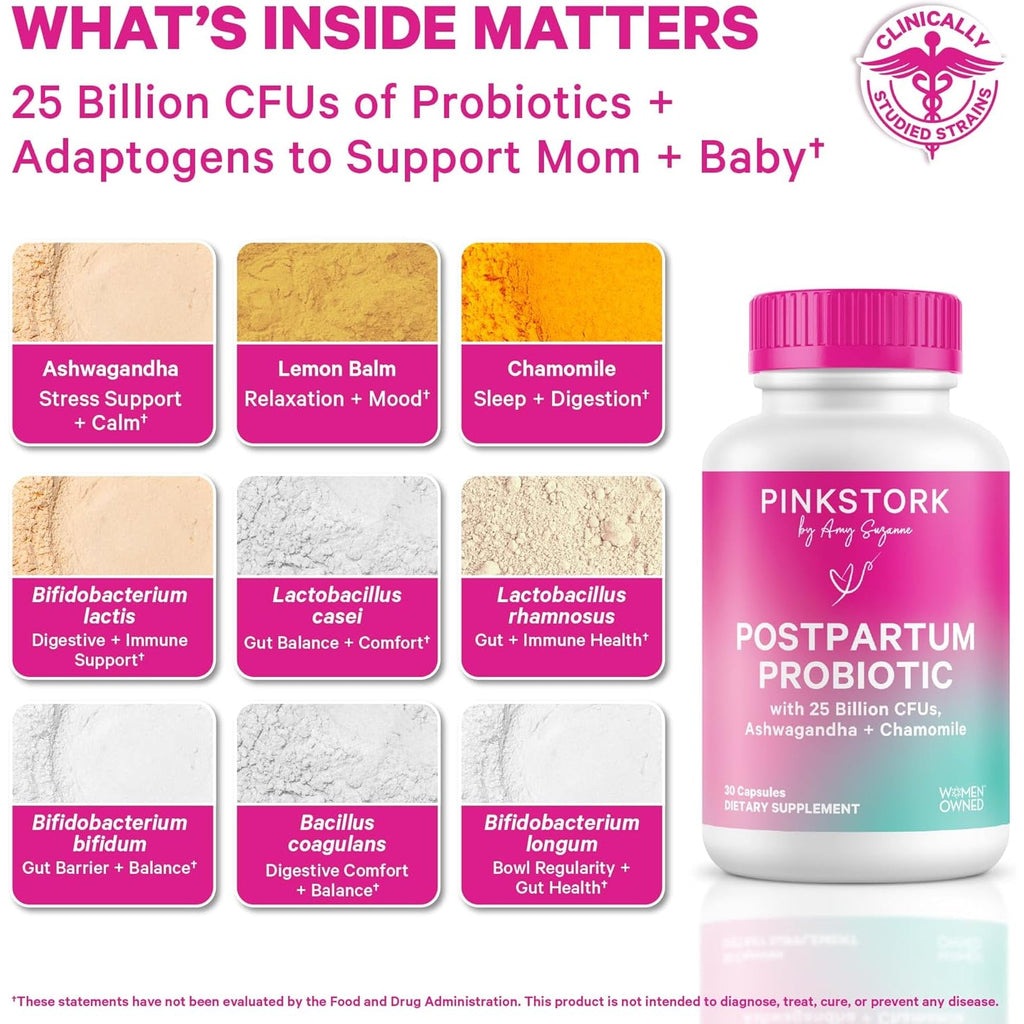 Pink Stork Probiotics for Postnatal Women - 30 Billion CFUS with Ashwagandha and Chamomile, Postpartum Essentials for Hormone Balance, Mood Support, Gut Health, Digestive Wellness, 30 Capsules