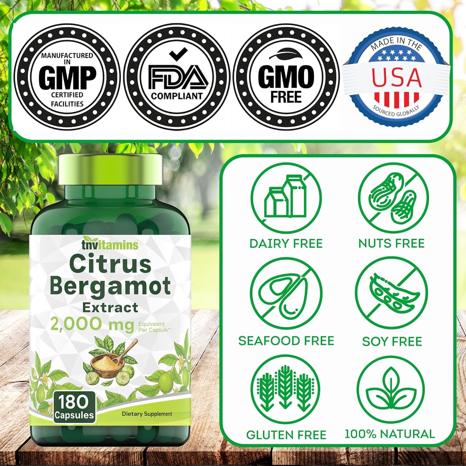 Tnvitamins Citrus Bergamot 2000Mg - 180 Capsules | Ultra Potent Citrus Bergamot Supplement 2000 Mg per 1 Capsule Serving | 6 Month Supply! | Non-Gmo | Made in the USA!