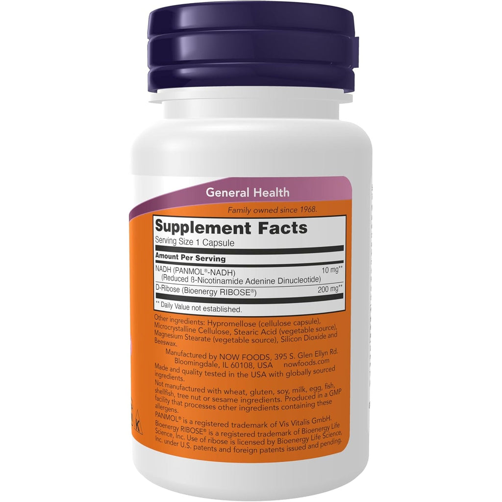 NOW Supplements, NADH (Reduced Nicotinamide Adenine Dinucleotide) 10 Mg with 200 Mg D-Ribose, 60 Veg Capsules