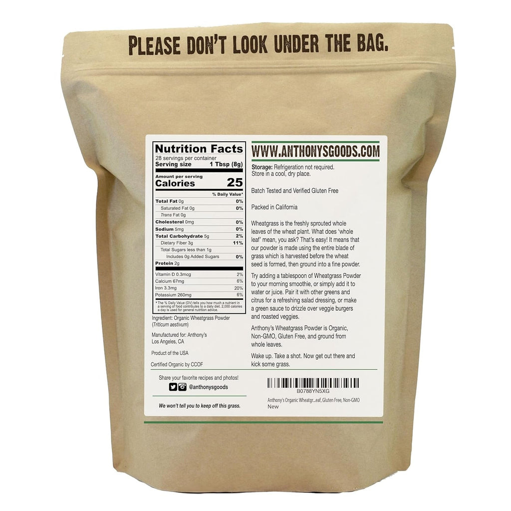 Anthony'S Organic Wheatgrass Powder, 8 Oz, Grown in USA, Whole Leaf, Gluten Free, Non GMO