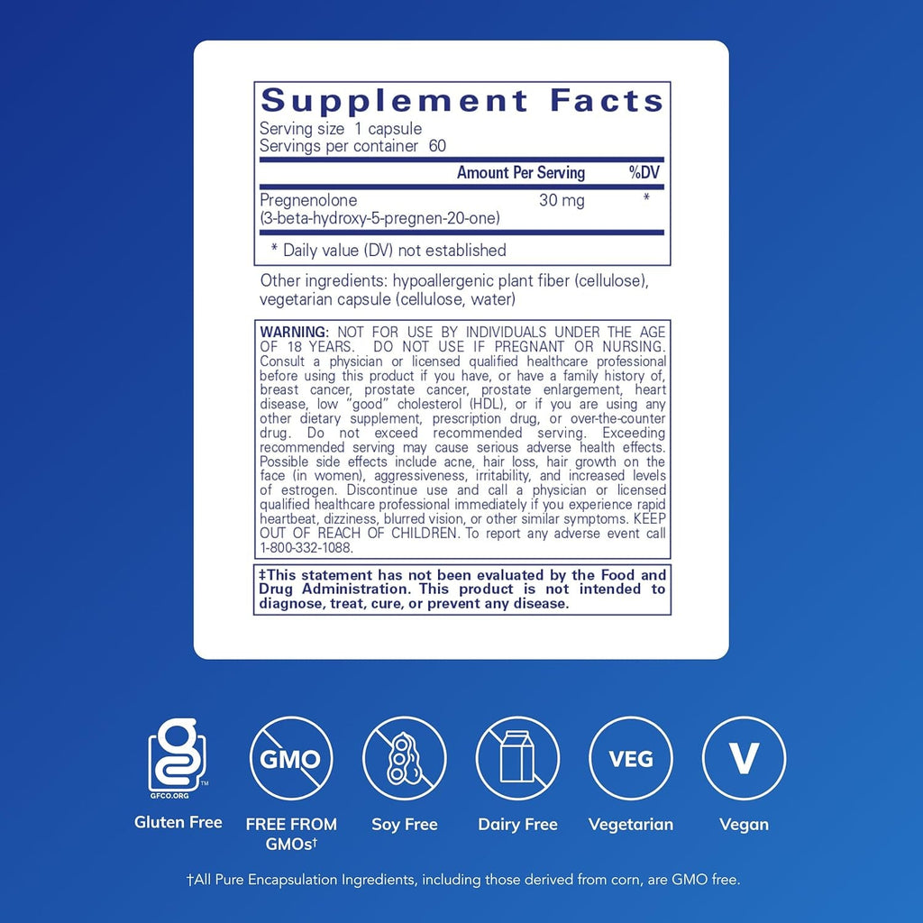 Pure Encapsulations Pregnenolone - 30 Mg - Hormone Support - Memory Support & Brain Supplement - Gluten Free & Vegan - 60 Capsules