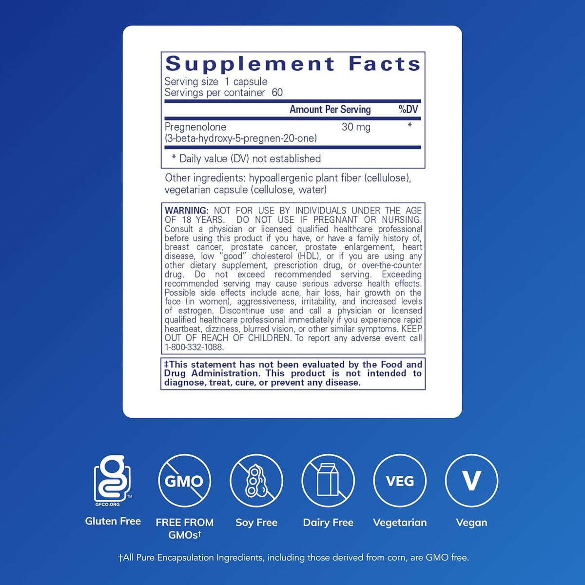Pure Encapsulations Pregnenolone - 30 Mg - Hormone Support - Memory Support & Brain Supplement - Gluten Free & Vegan - 60 Capsules