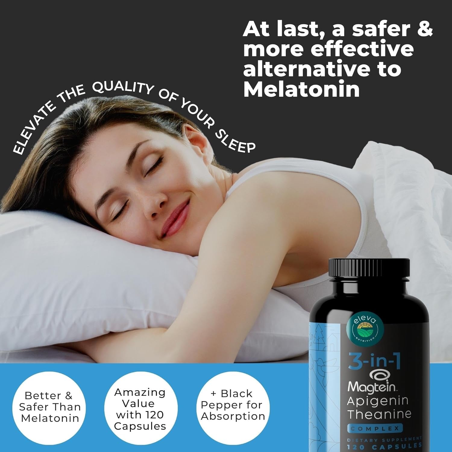 Magnesium Theanine L-Threonate Apigenin Supplement for Sleep Aid-3- In-1 Complex Supplement Support Relaxation- Melatonin-Free Magnesium- Zero Fillers- Gluten Free & Non-Gmo-120 Count Veggie Capsules