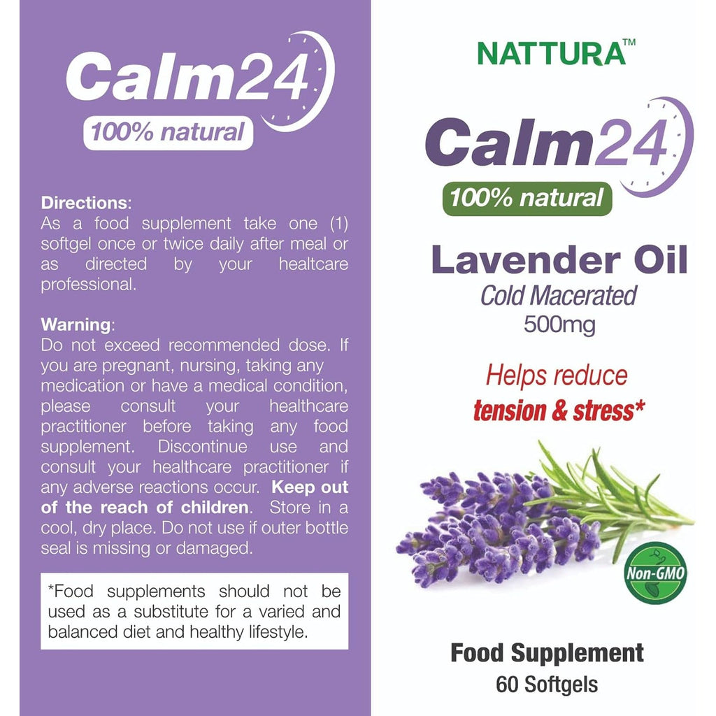 Nattura Calm Aid Lavender Oil Pills - 500Mg - 60 Softgels - 100% Natural, Helps Reduce Stress, Calming for Body & Mind, Non-Gmo, Certified Kosher