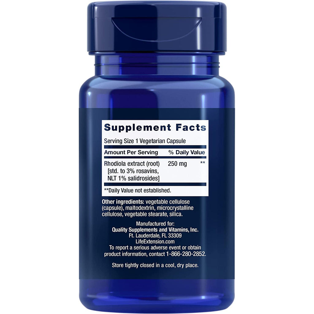 Life Extension Rhodiola Extract, Rhodiola Rosea Supplement, Standardized Extract, Promotes Physical and Mental Performance, Gluten-Free, Non-Gmo, Vegetarian, 250 Mg, 60 Capsules