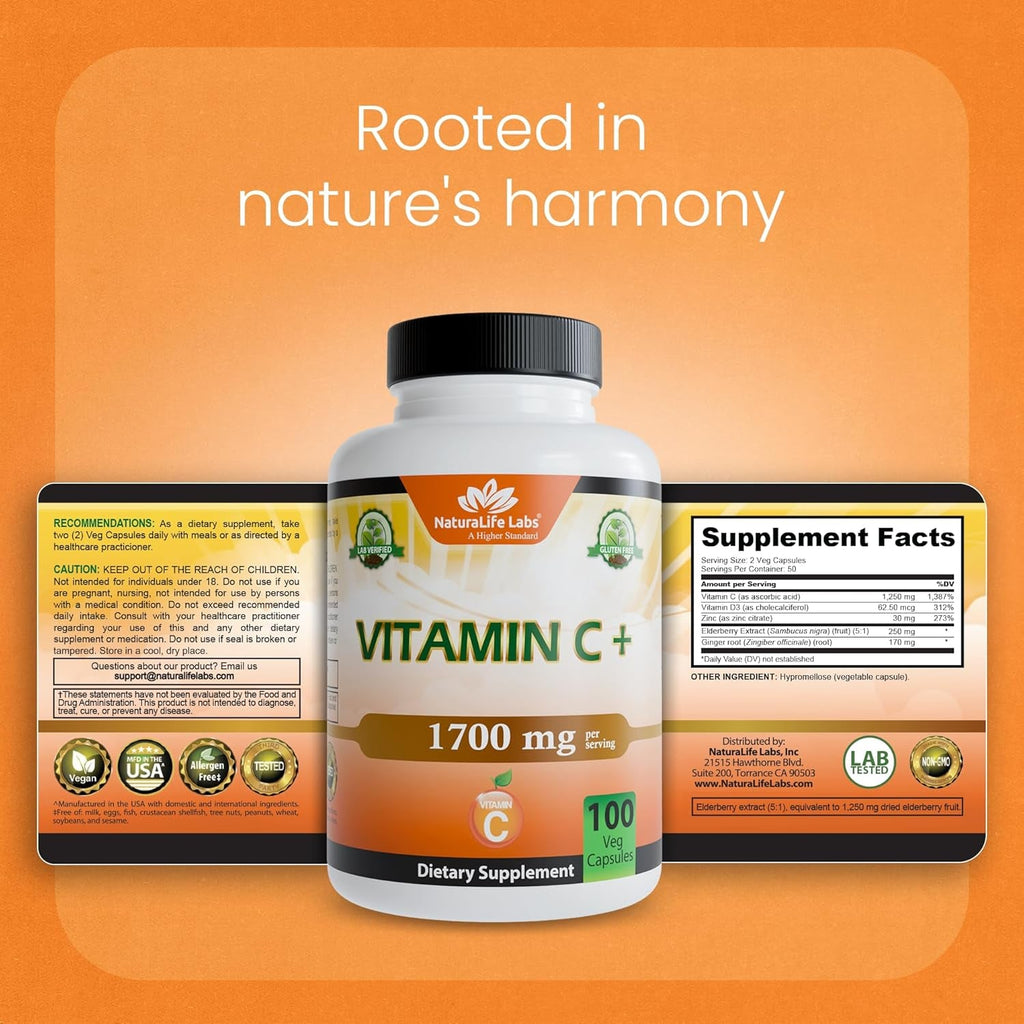 Naturalife Labs Vitamin C with Vitamin D3, Zinc, Elderberry & Ginger Root – 1,700 Mg per Serving – 100 Capsules, Vegan, Non-Gmo, Gluten Free