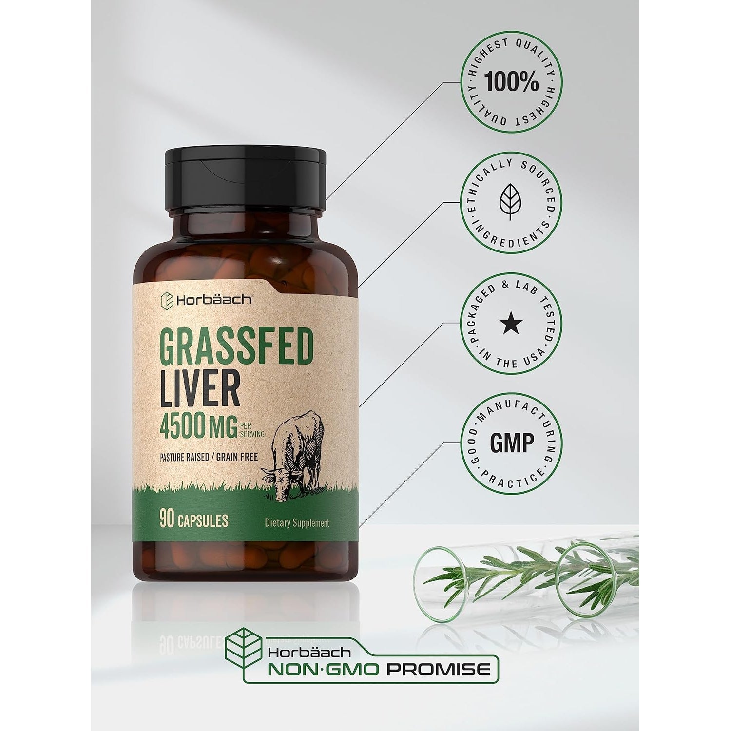 Horbäach Grass Fed Beef Liver | 4500Mg | 90 Capsules | Desiccated, Pasture Raised, Grain Free, Non-Gmo Supplement