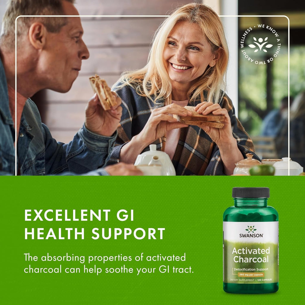 Swanson Activated Charcoal Digestive Support Supplement for Digestive-Comfort-Seeking Adults - 260 Mg per Capsule (120 Capsules, 520 Mg per Serving)