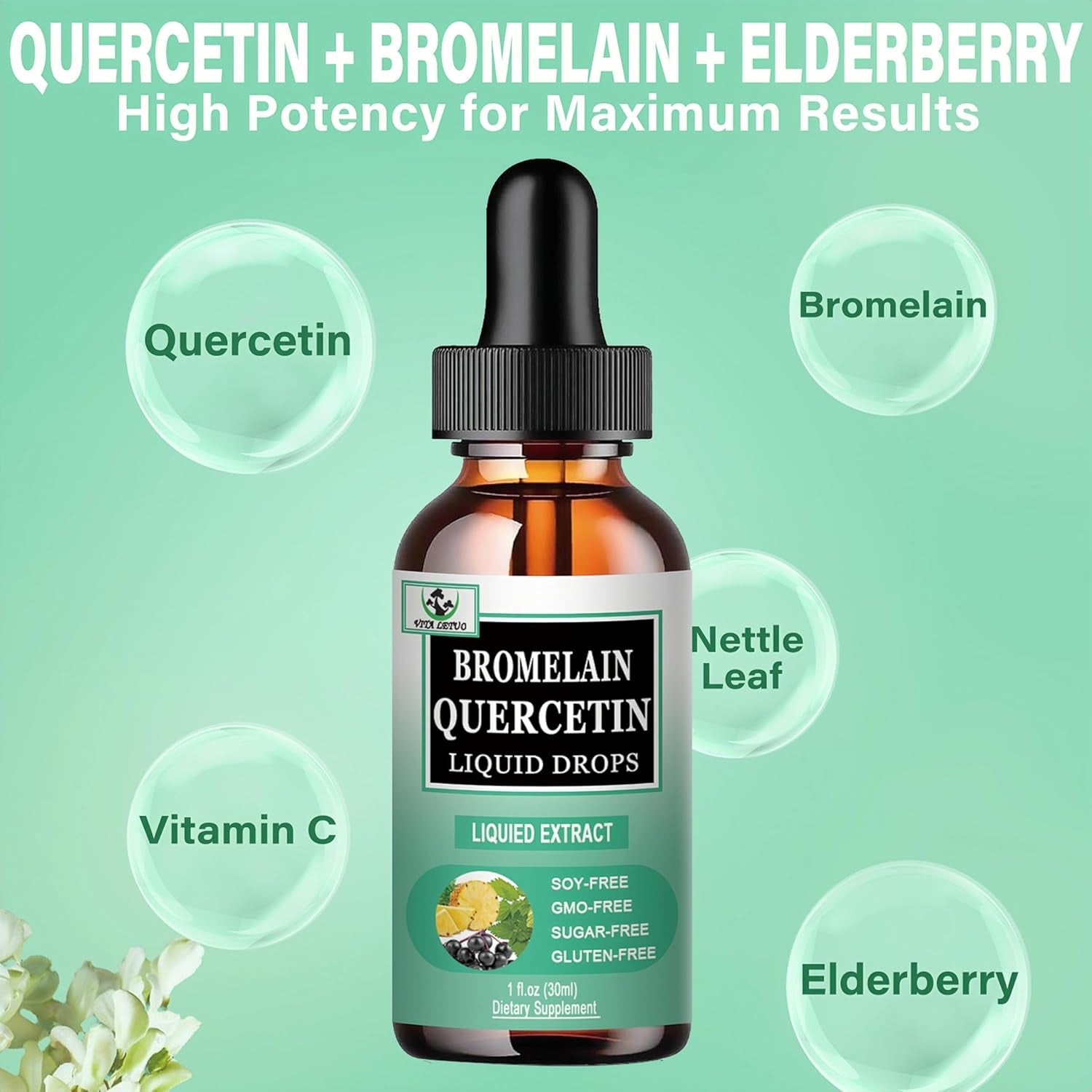 Quercetin Liquid Drops, Quercetin with Bromelain Elderberry Nettle Leaf Vitamin C Liquid Supplements, High Absorption Quercetin Liquid Drops for Women Men, Healthy Immune Antioxidant Support, Non-Gmo