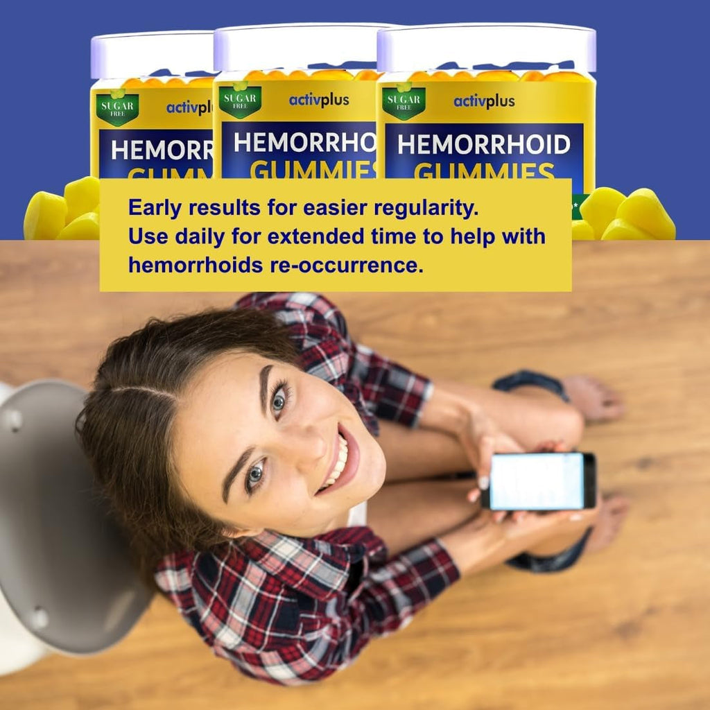 Hemorrhoid Treatment to Reduce Re-Occurrences & Easier Regularity with Stool Softener | 7 Clinically Studied Hemorrhoid Ingredients | Plant-Based Sugar Free Lemon 60 Vegan Gummies