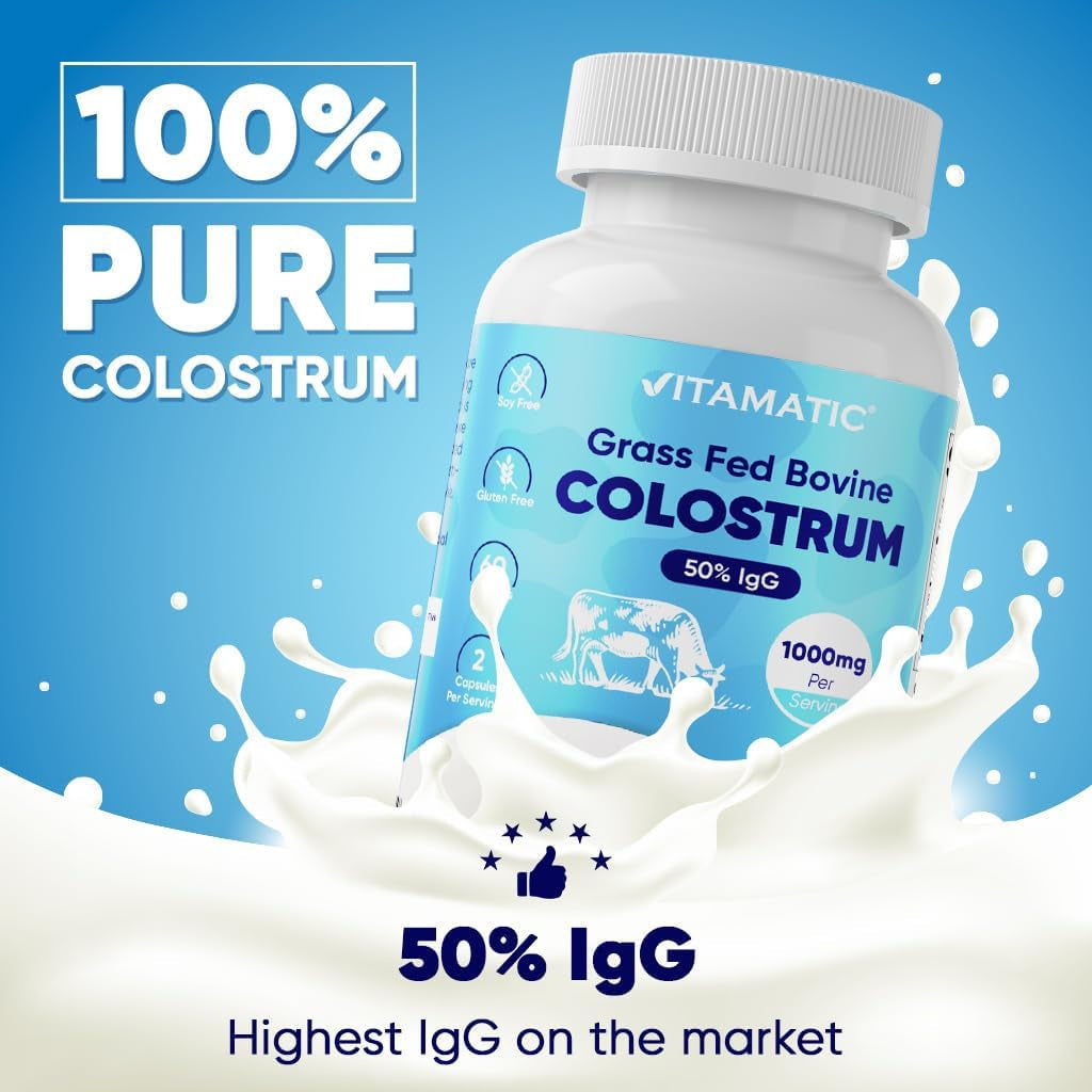 Vitamatic Bovine Colostrum Supplement 1000 Mg per Serving - 50% Highest Igg - Supplement for Gut Health, Hair Growth, Beauty, Muscle Recovery, & Immune Support - 120 Capsules