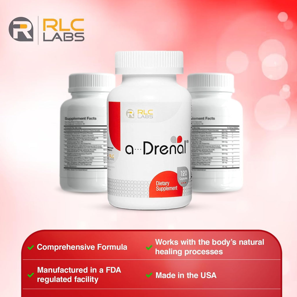 RLC Labs A-Drenal, 120 Capsules - Herbal, Cortisol Supplement with Ashwagandha, Ginger & Rhodiola to Support Balance, Mood, Energy & Vitality - Adrenal Support Formula (1 Month Supply)