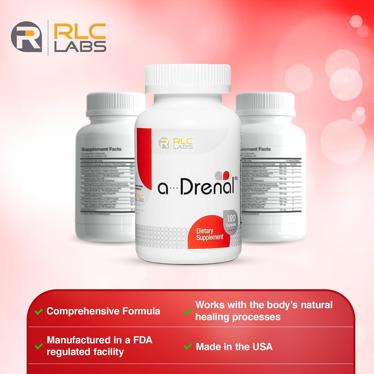 RLC Labs A-Drenal, 120 Capsules - Herbal, Cortisol Supplement with Ashwagandha, Ginger & Rhodiola to Support Balance, Mood, Energy & Vitality - Adrenal Support Formula (1 Month Supply)