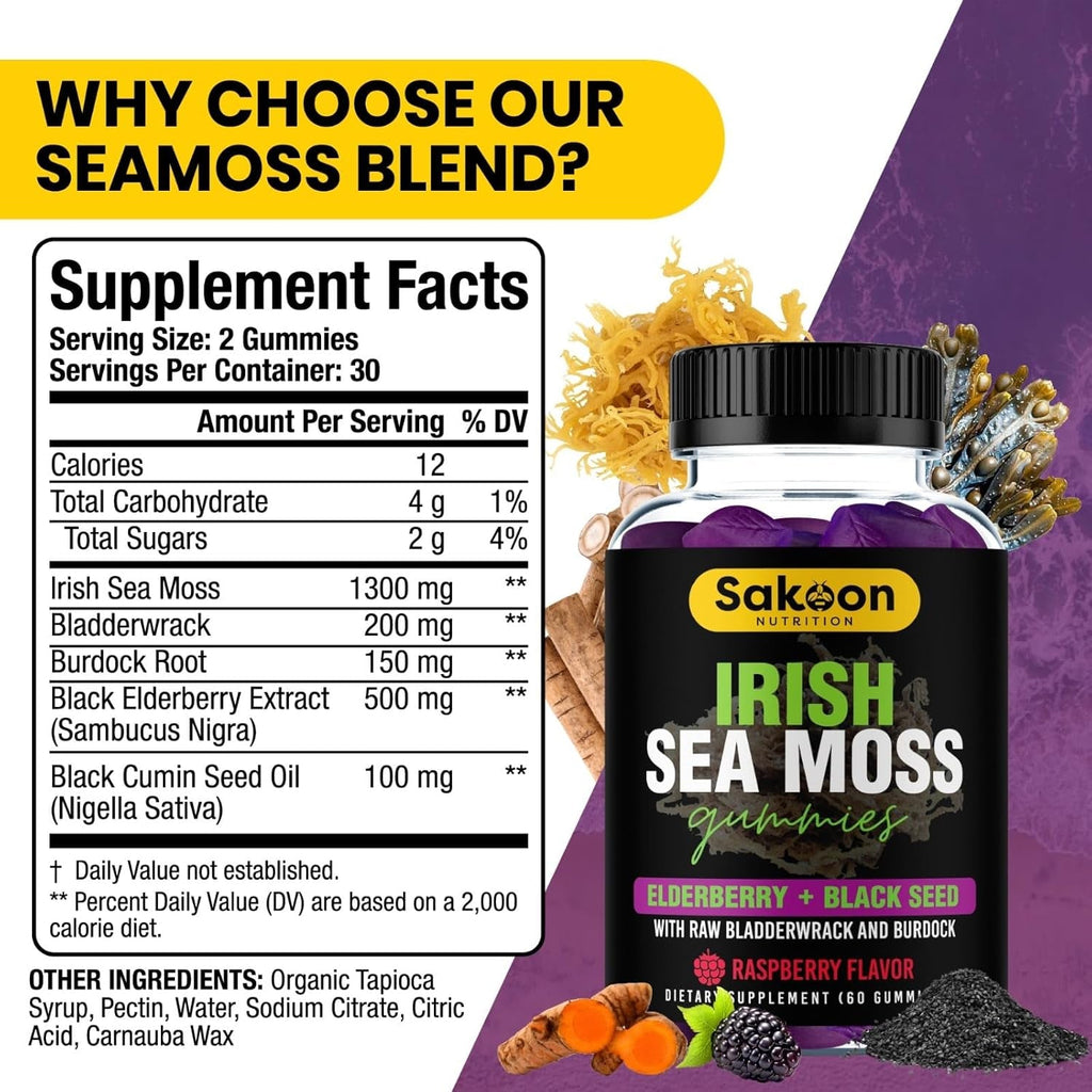 Sakoon Nutrition Irish Sea Moss Gummies with Elderberry & Black Seed Oil - Raspberry Flavor - 60 Gummies