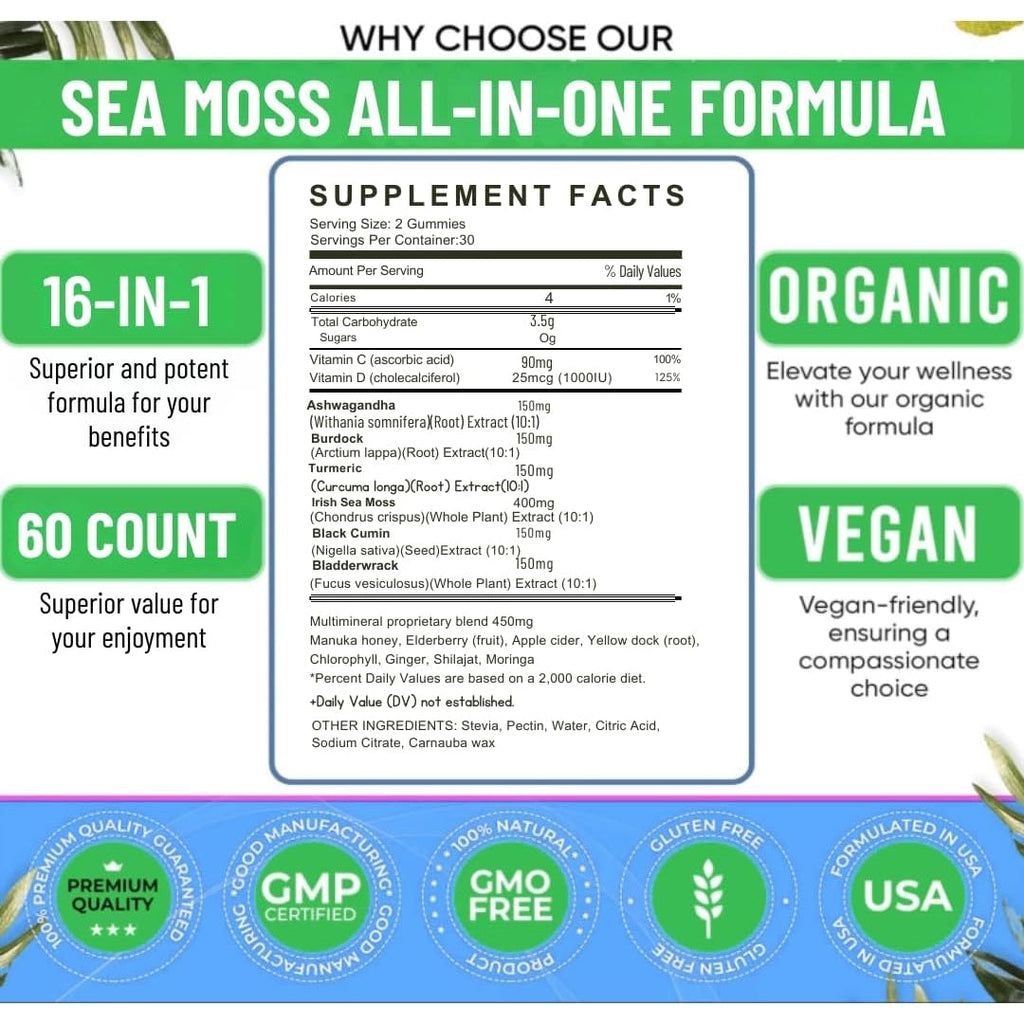 16 in 1 Sea Moss Gummies — Us-Made, 3X Potent Seamoss Gummies for Men and Women with Black Seed Oil, Ashwagandha, Burdock, and More — Supports Immunity, Energy & Vitality (30-Day Supply, 60 Gummies)