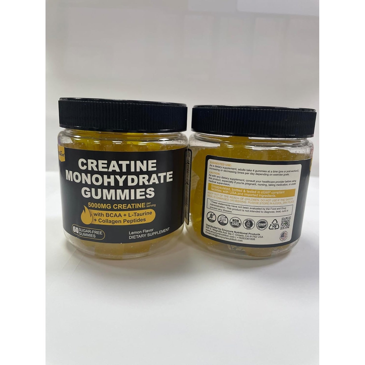 Creatine Monohydrate Gummies for Men & Women - with BCAA, Collagen Peptides, L-Taurine, Vitamin B12, D3, Chewables Creatine Monohydrate 5G per Serving, Natural Lemon Flavor, Sugar Free, 2 Pack