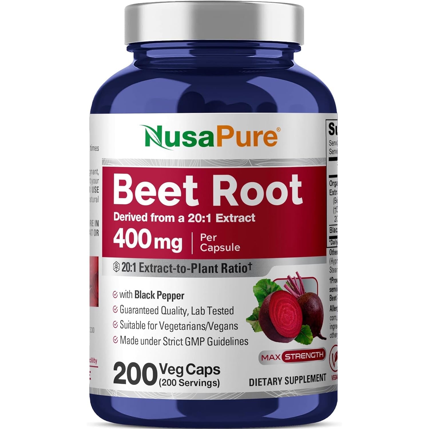 Nusapure Organic Beet Root, 400 Mg, 200 Veg Capsules (Vegan, Non-Gmo)