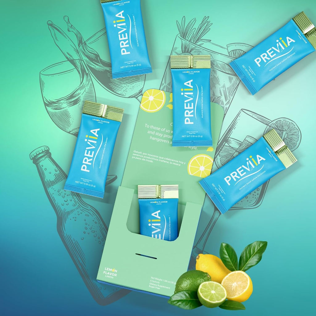 Previia – Pre-Drink Supplement | Nutrients before Social Drinking | Cysteine, Choline, B-Complex, Magnesium, VIT C | Lemon Flavor | Soluble Drink | 6 Doses | Feel Better after Drinking