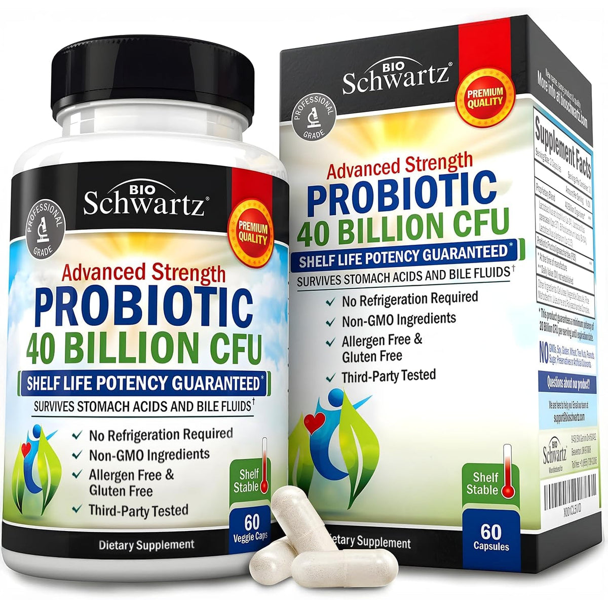Bioschwartz Daily Probiotic Nutritional Supplement - 40 Billion CFU for Gut Health - Probiotics for Men and Women - Digestive Health with Astragalus & Lactobacillus - Shelf Stable - 60 Count