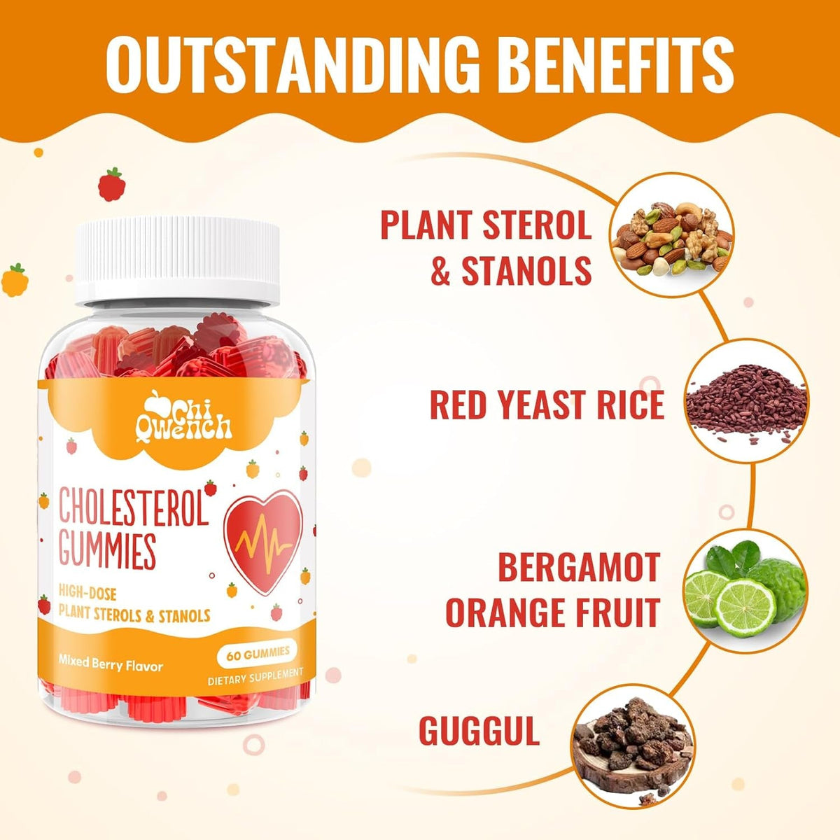 Chiqwench Cholesterol Supplements with 1500 Mg Plant Sterols & Stanols, Cholesterol Support Gummies, Cholesterol Complex Gummies, Maintains Normal Levels, Mixed Berry Flavor, 120 Count