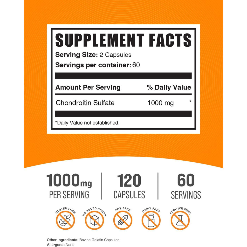 Bulksupplements.Com Chondroitin Sulfate Capsules - Nutritional Supplement, Chondroitin Sulfate 1000 Mg - Gluten Free, 2 Capsules per Serving, 120 Count (Pack of 1)