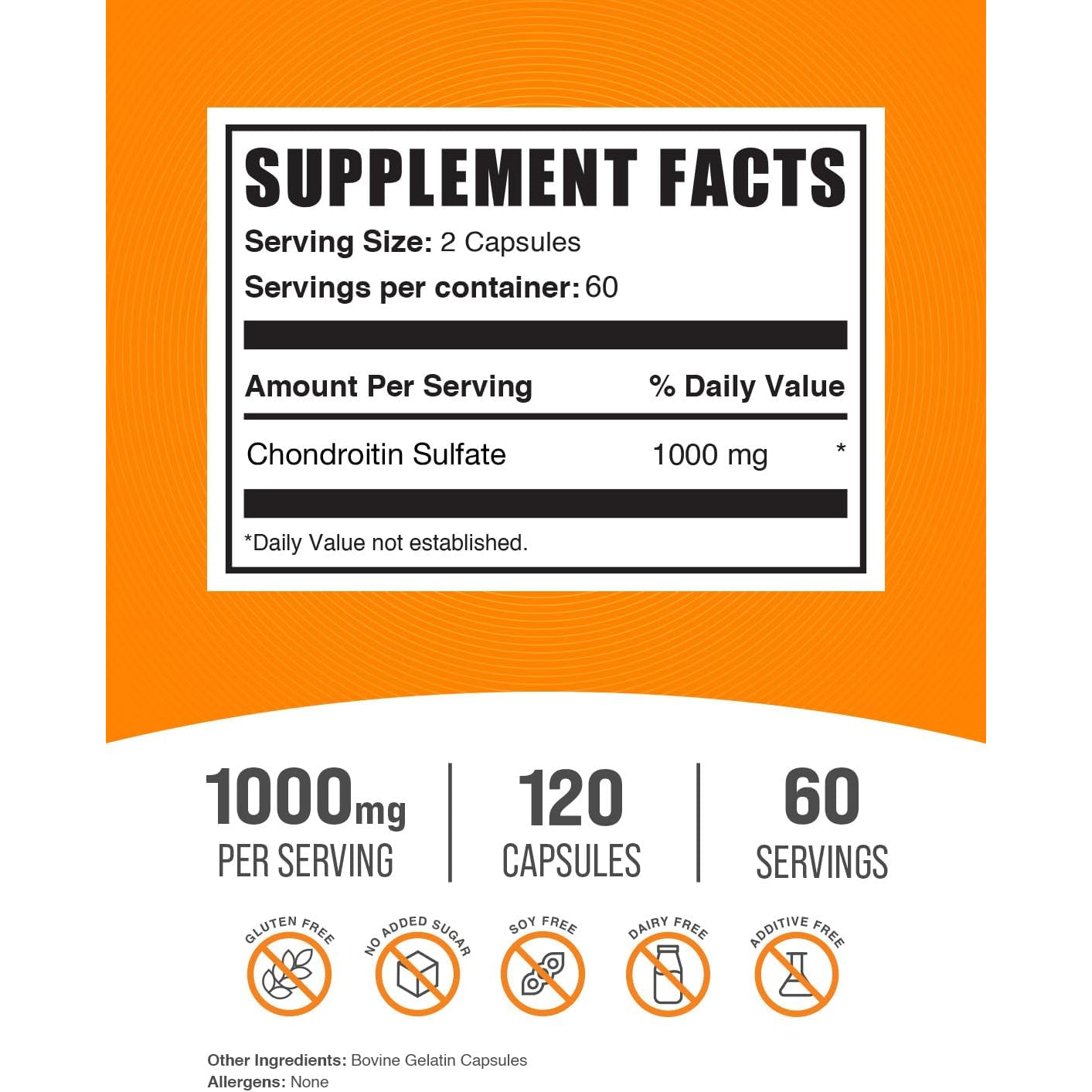 Bulksupplements.Com Chondroitin Sulfate Capsules - Nutritional Supplement, Chondroitin Sulfate 1000 Mg - Gluten Free, 2 Capsules per Serving, 120 Count (Pack of 1)