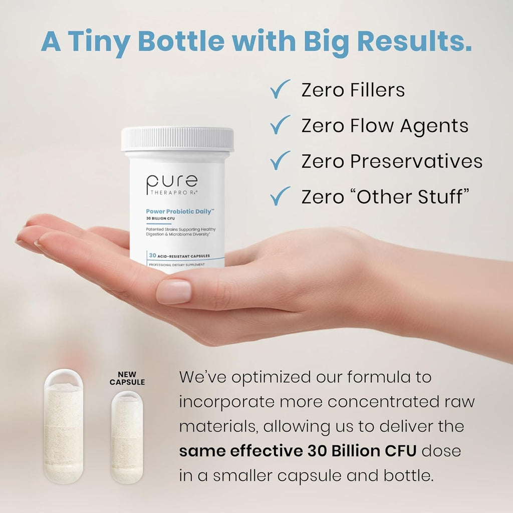 Pure Therapro Rx Power Probiotic Daily - 30 Acid-Resistant Capsules | 4 Proven Strains - 30 Billion Cfu/Capsule | Patented Activ-Vial Desiccant Bottle to Ensure Freshness | NO Refrigeration Required