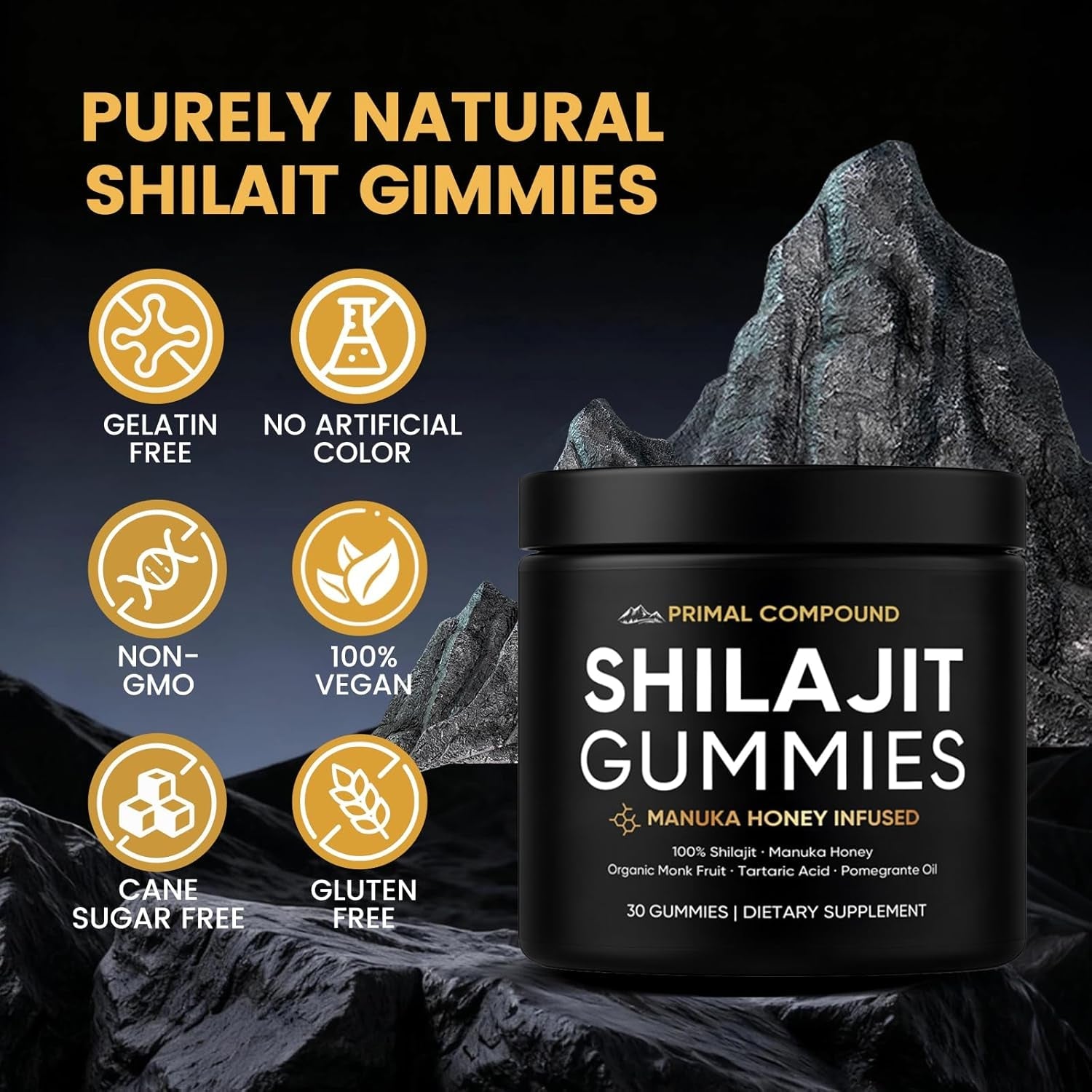 Primal Compound Shilajit Gummies for Men,With Manuka Honey, Organic Monk Fruit & Fulvic Acid, Shilajit Gummies Supplements, 30 Gummies