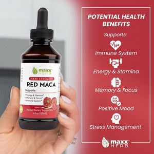 Maxx Herb Red Maca Root Extract - Max Strength Liquid Drops Absorb Better than Powder or Capsules, for Stamina, Memory and Focus - 4 Oz Bottle (60 Servings)