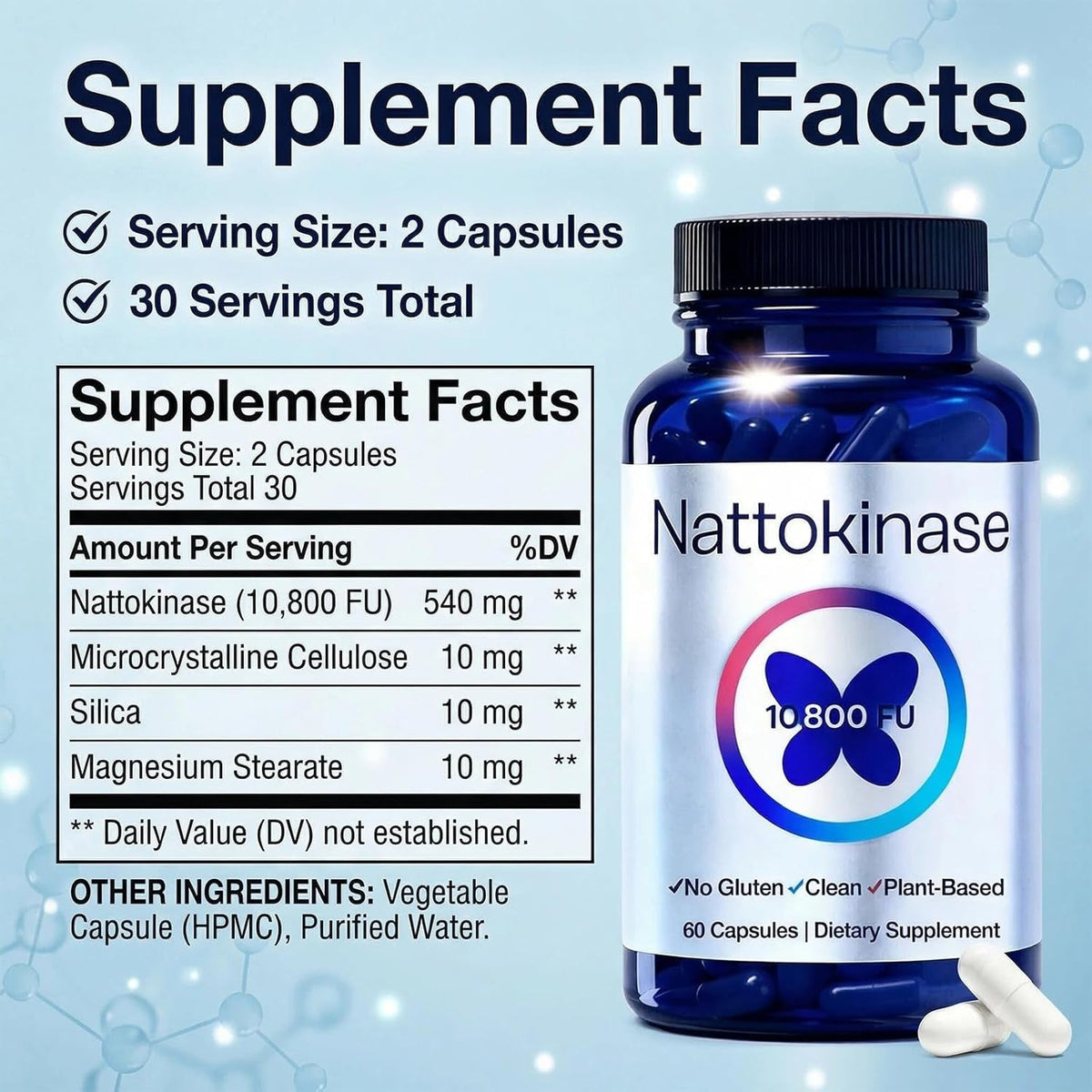 Nattokinase Supplement with 10,800 Fu，Ultimate Nattokinase Supplement Organic,Odorless Fermented Soy Enzyme, Vegan, Gluten Free, Easy Daily Routine, 60 Capsules (1Pc)