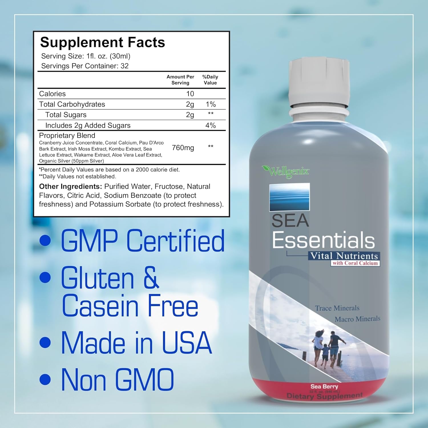 Wellgenix Sea Essentials Liquid Mineral Dietary Supplement with Trace and Macro Minerals and Coral Calcium – Sea Berry Flavor – 32 Fl Oz