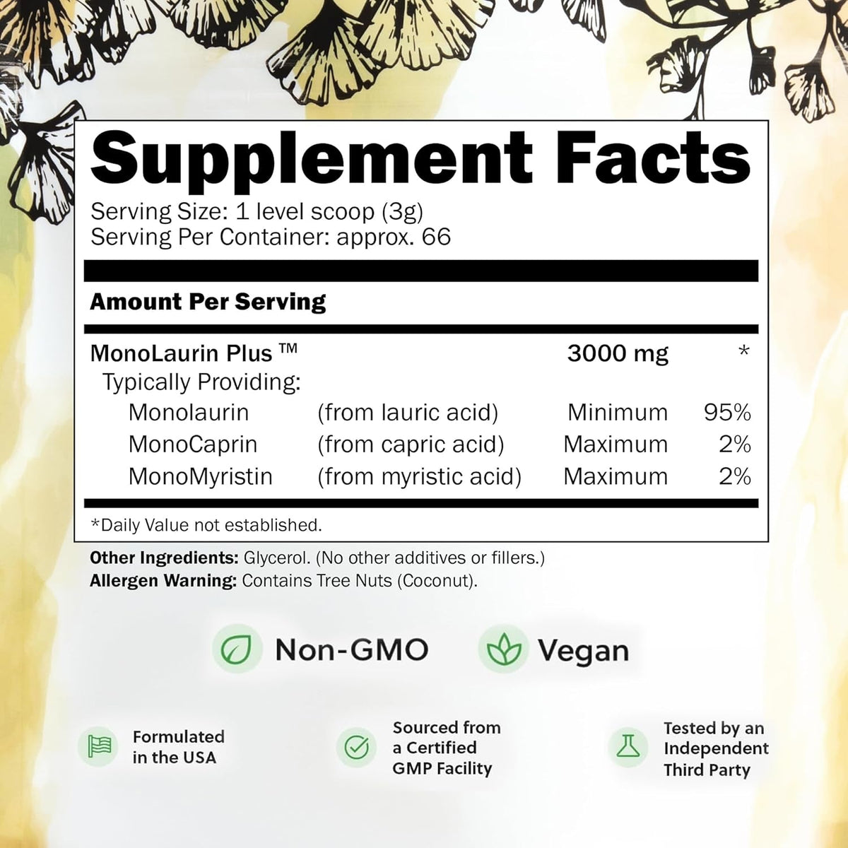 Ultralaurin® Monolaurin Supplement – 3,000 Mg Coconut-Derived Pellets for Immune & Gut Health Support, Digestive Wellness – 7 Oz - 66 Servings – Vegan, Non-Gmo, Natural Immune & Digestive Support