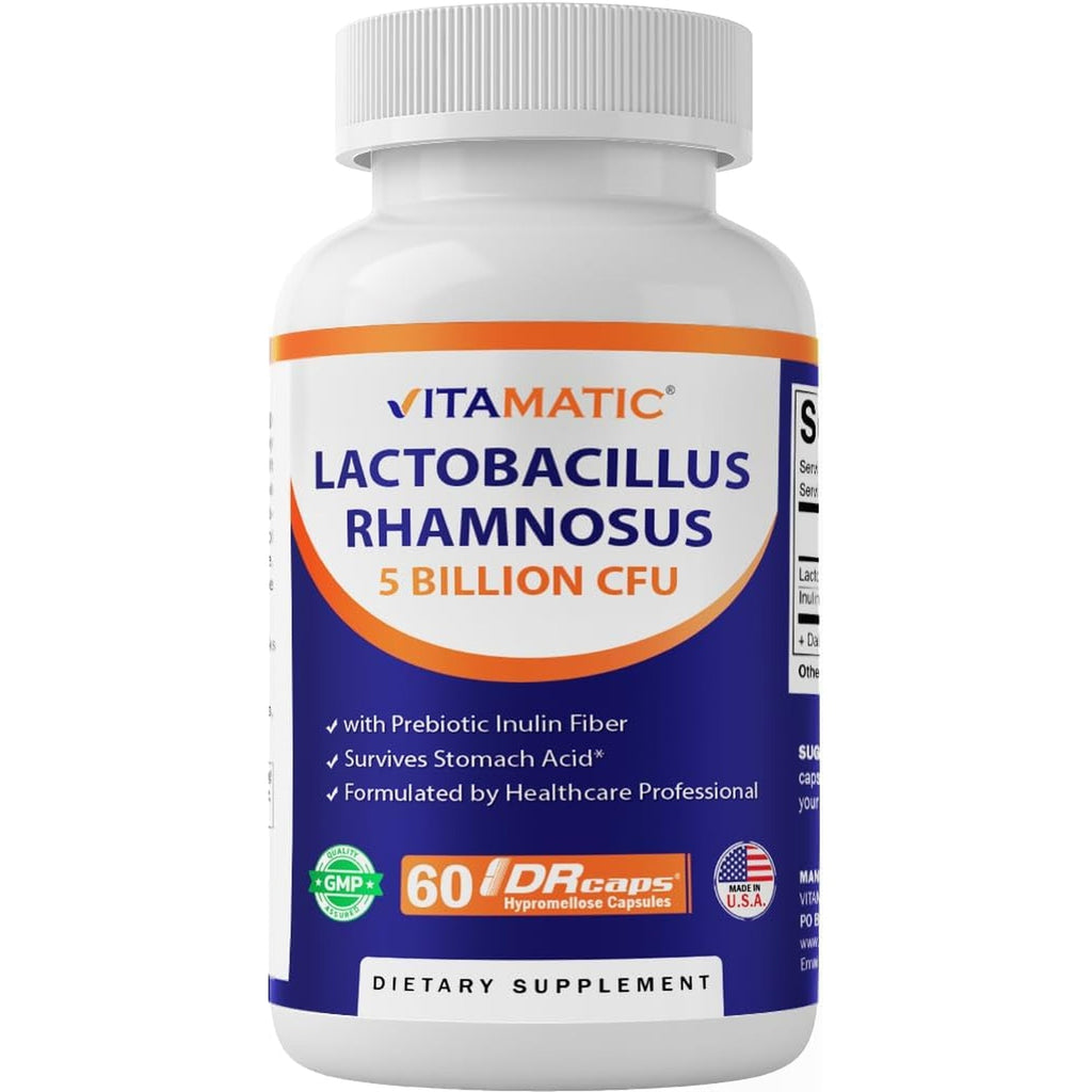 Vitamatic Lactobacillus Rhamnosus 5 Billion per DR Capsule (10 Billion per 2 Capsules) - 60 Count - Advanced Digestive & Immune Support - Made with Prebiotic Inulin Fiber
