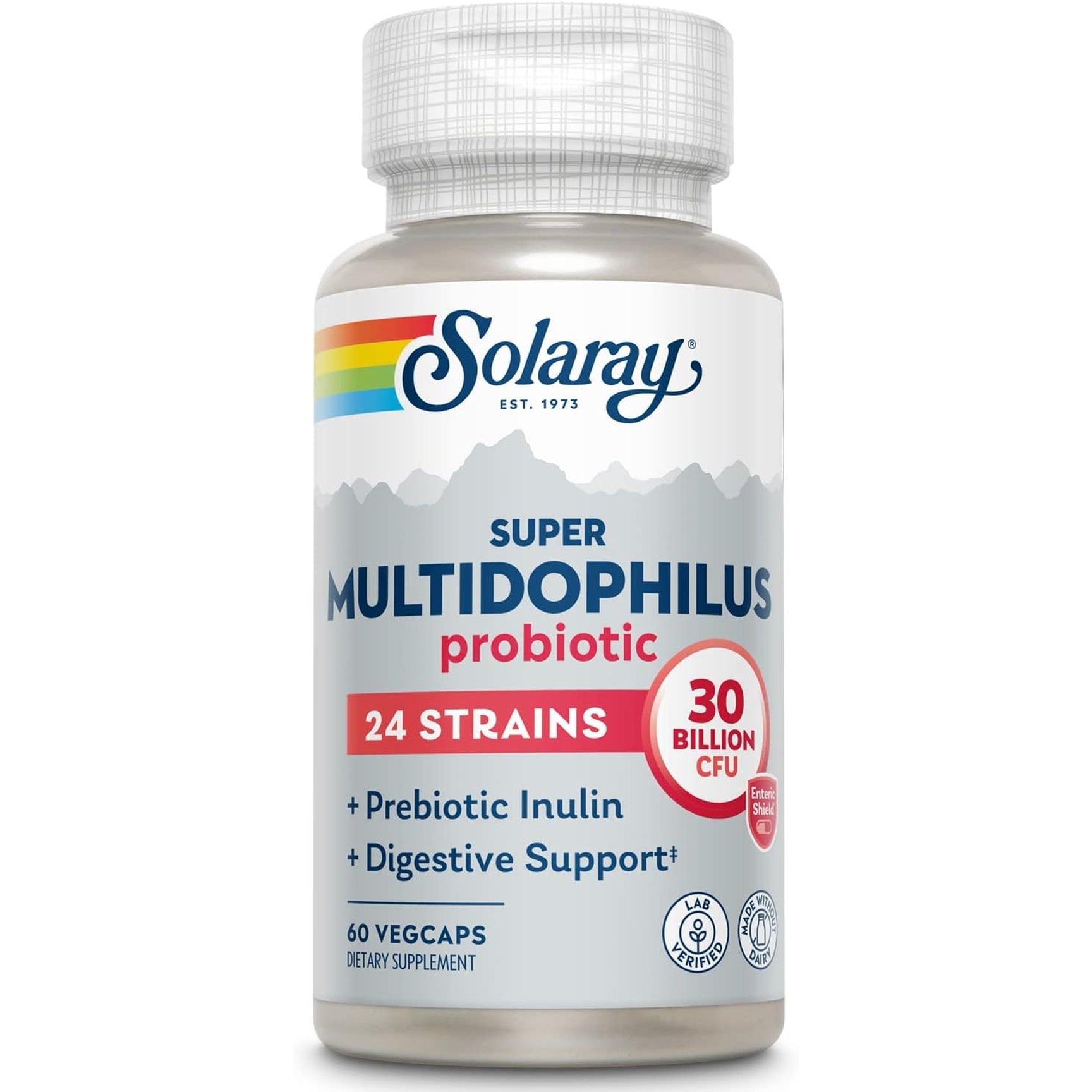SOLARAY Multidophilus 24 Strain Probiotic 30 Billion CFU, Probiotics for Digestive Health for Women and Men, Daily Gut Health Support Complex with Prebiotic Inulin, No Dairy 60 Vegcaps