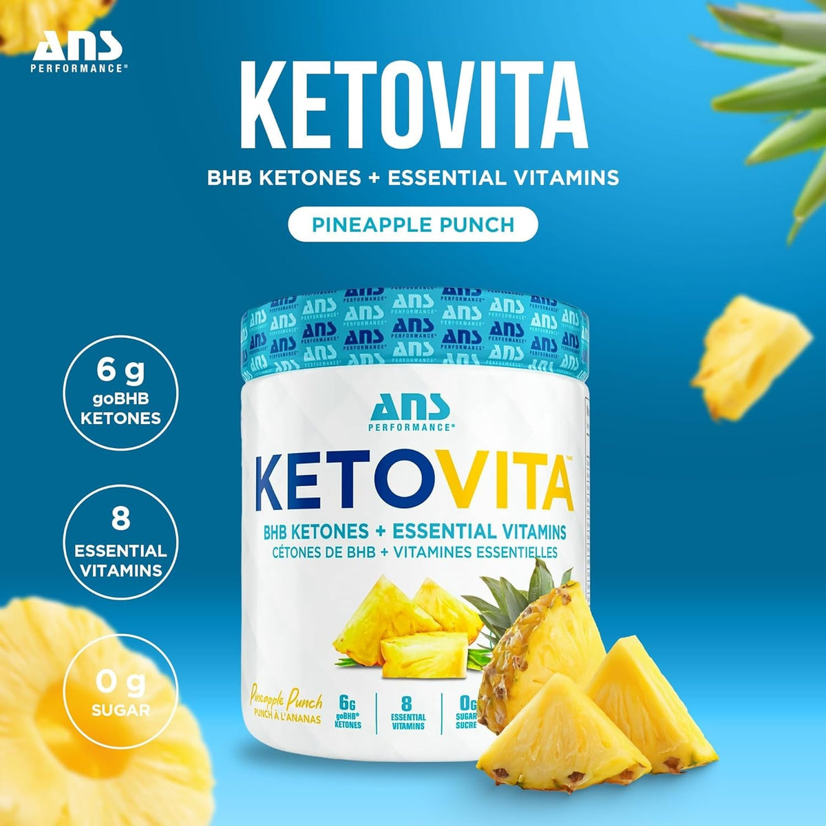 ANS Performance Ketovita Supplement Beta-Hydroxybutyrate Ketones Drink Powder with Zero Sugar and 30 Servings, Boosts Metabolism, Pineapple Punch