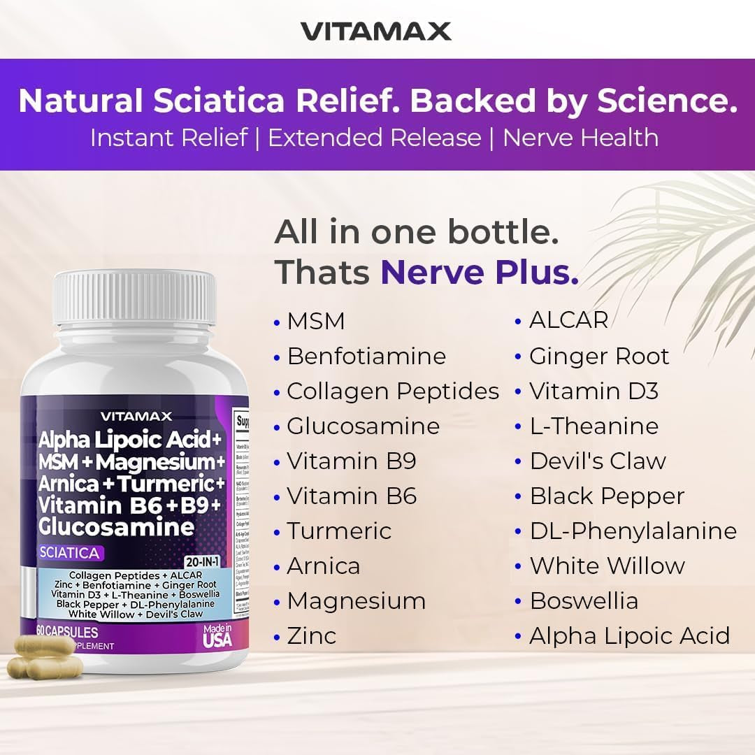 Sciatic Nerve Health Support - Sciatic Nerve Supplement Capsules with Folic Acid, Pea, Glucosamine, MSM, Vitamin B Complex, Alpha Lipoic Acid 300Mg – 60Ct – Made in USA