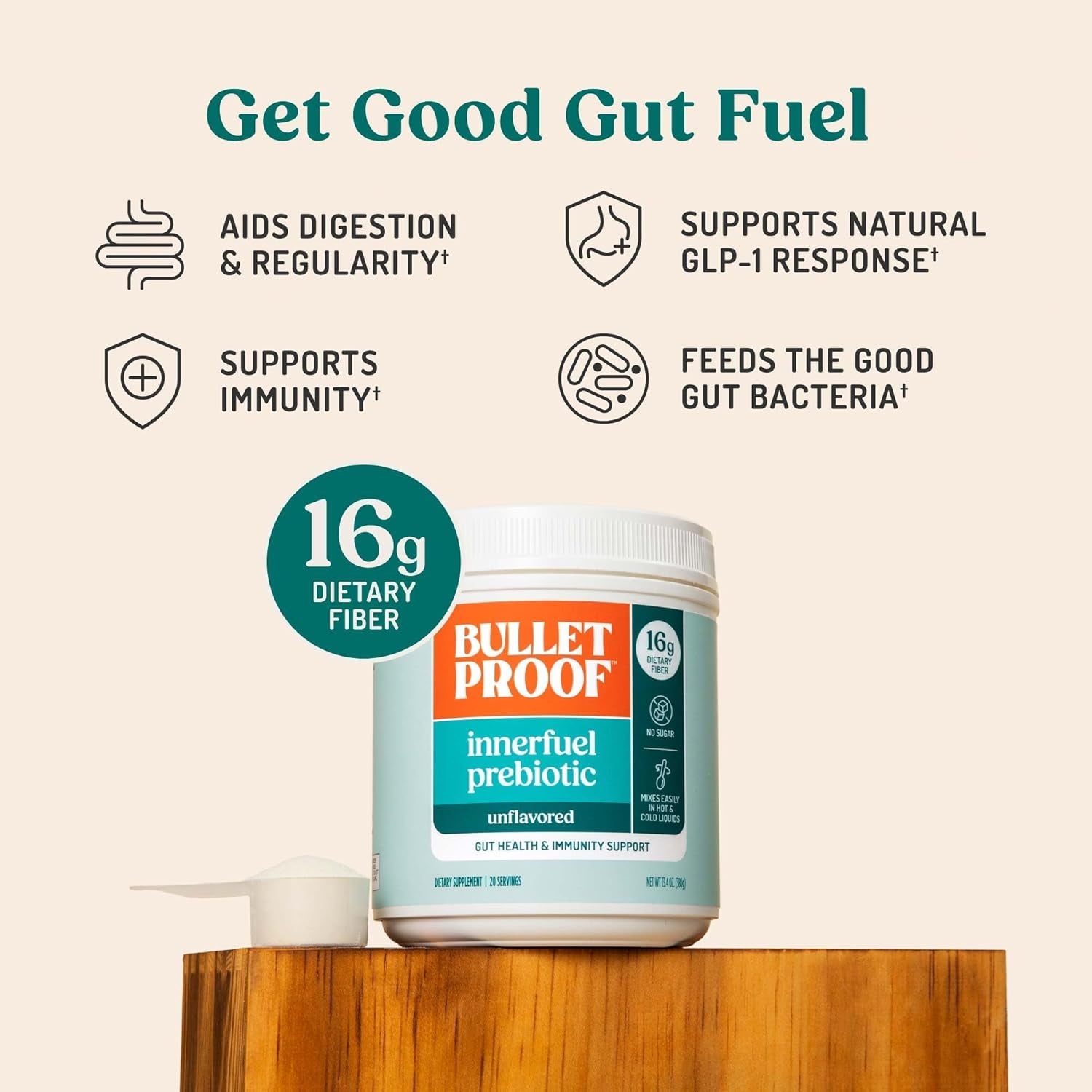 Bulletproof Innerfuel Prebiotic Fiber Powder, Unflavored, 16G Fiber, Plant-Sourced, Non-Gmo & Third-Party Tested, Supports Gut & Digestive Health, 0G Sugar, 13.4 Oz
