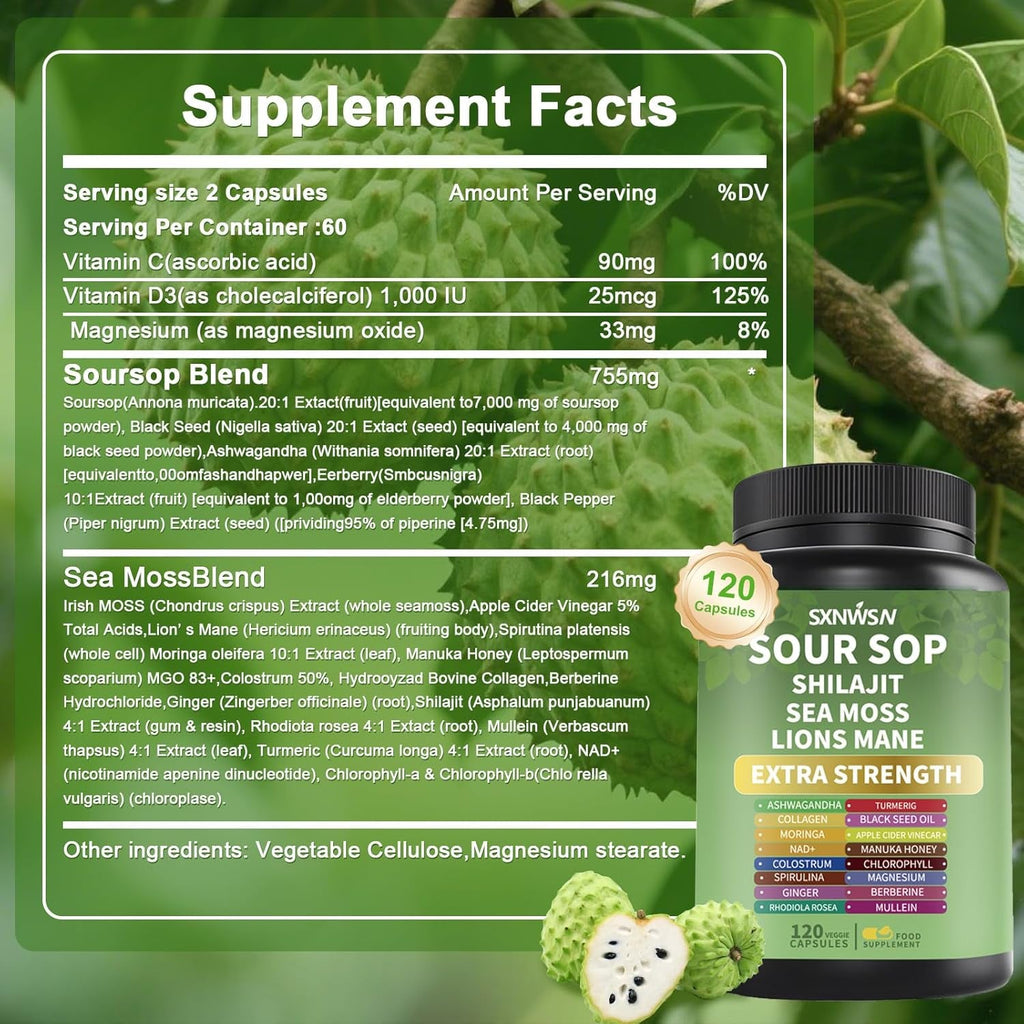 Soursop Supplement with Ashwagandha Sea Moss Lions Mane Turmeric Shilajit - Graviola Complex Capsules for Antioxidant, Brain & Joint & Skin Support | 120 Vegan Capsules